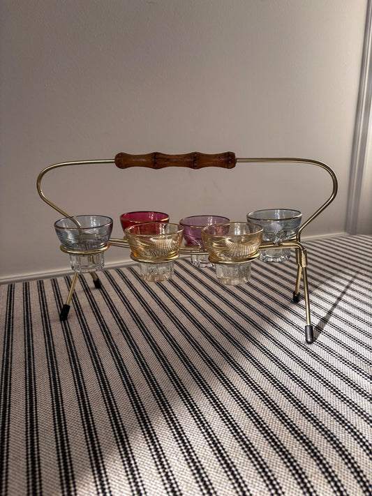 1950s Harlequin Shot Glass Set with Caddy & Bamboo Handle