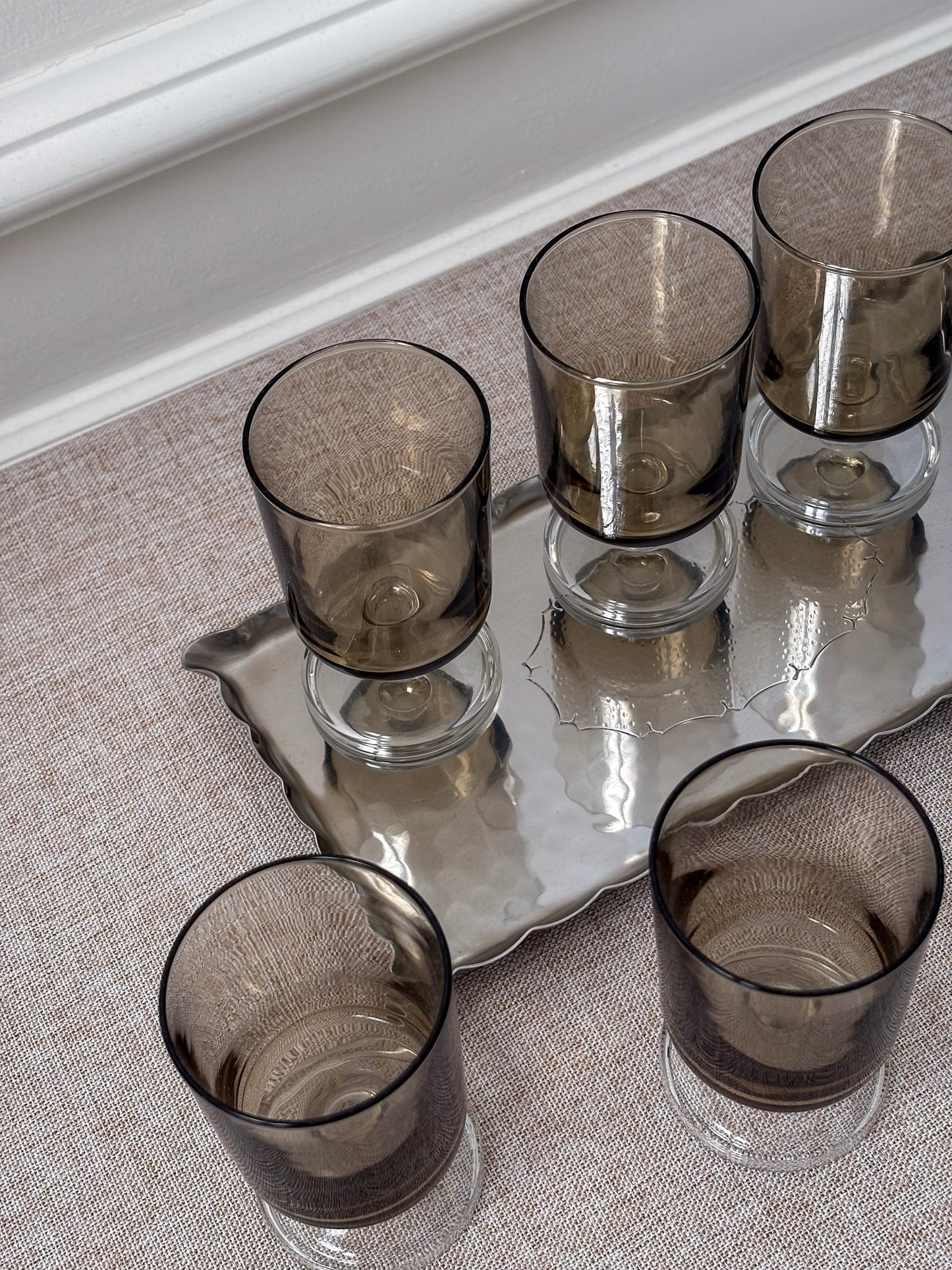 Smoked Glass Goblets with Hammered Stainless Steel Scalloped Tray, Mid-Century Drinks Set (5 Glasses + Tray)