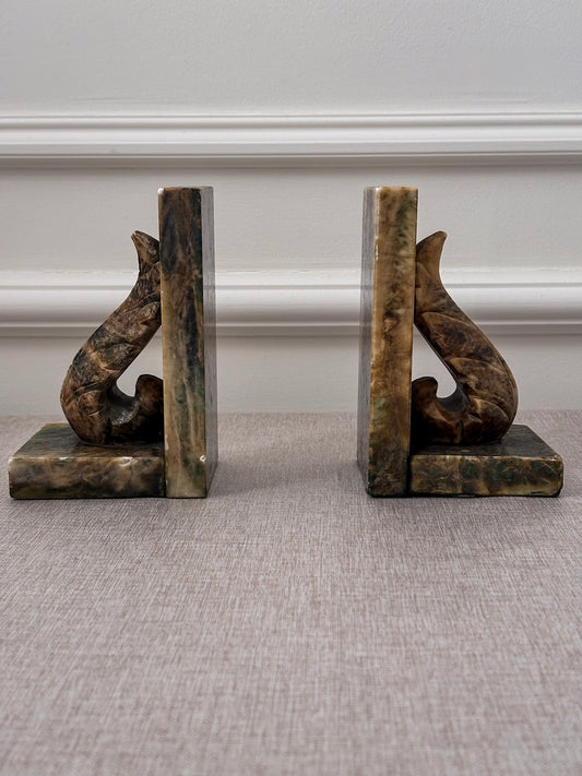 Vintage Italian Alabaster Bookends Pair | Sculptural Marble Stone Art Deco Book Ends