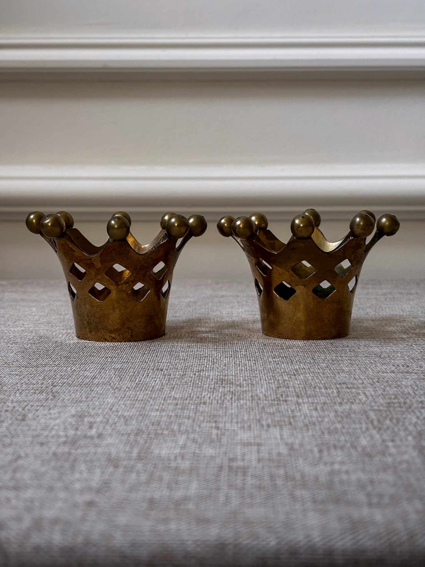 Pair of Vintage Brass Crown Candle Holders | Sculptural Brass Tealight Holders