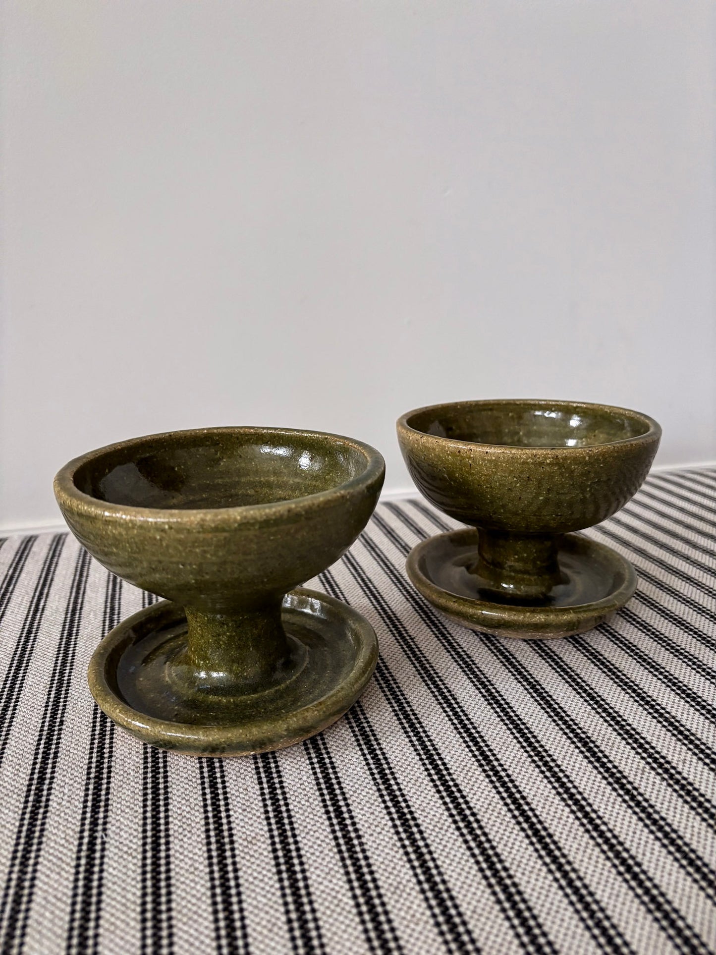 Mid-Century Olive Glazed Pedestal Candle Holders