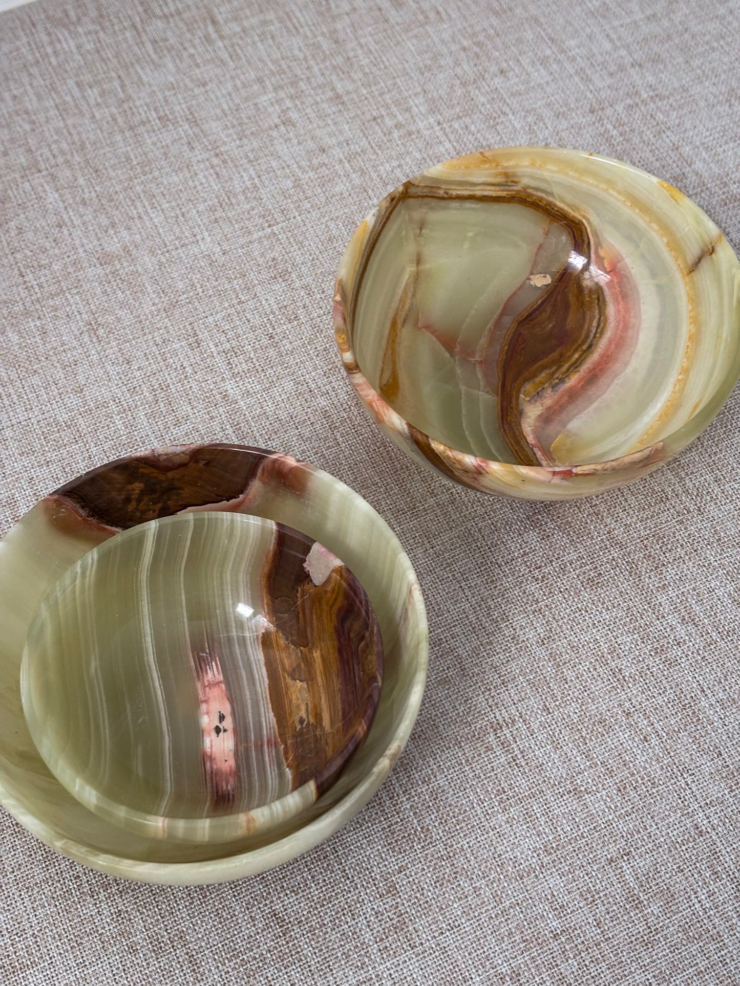 Vintage Banded Onyx Bowl Set | Mid Century Stone Trinket Bowls Set of 3