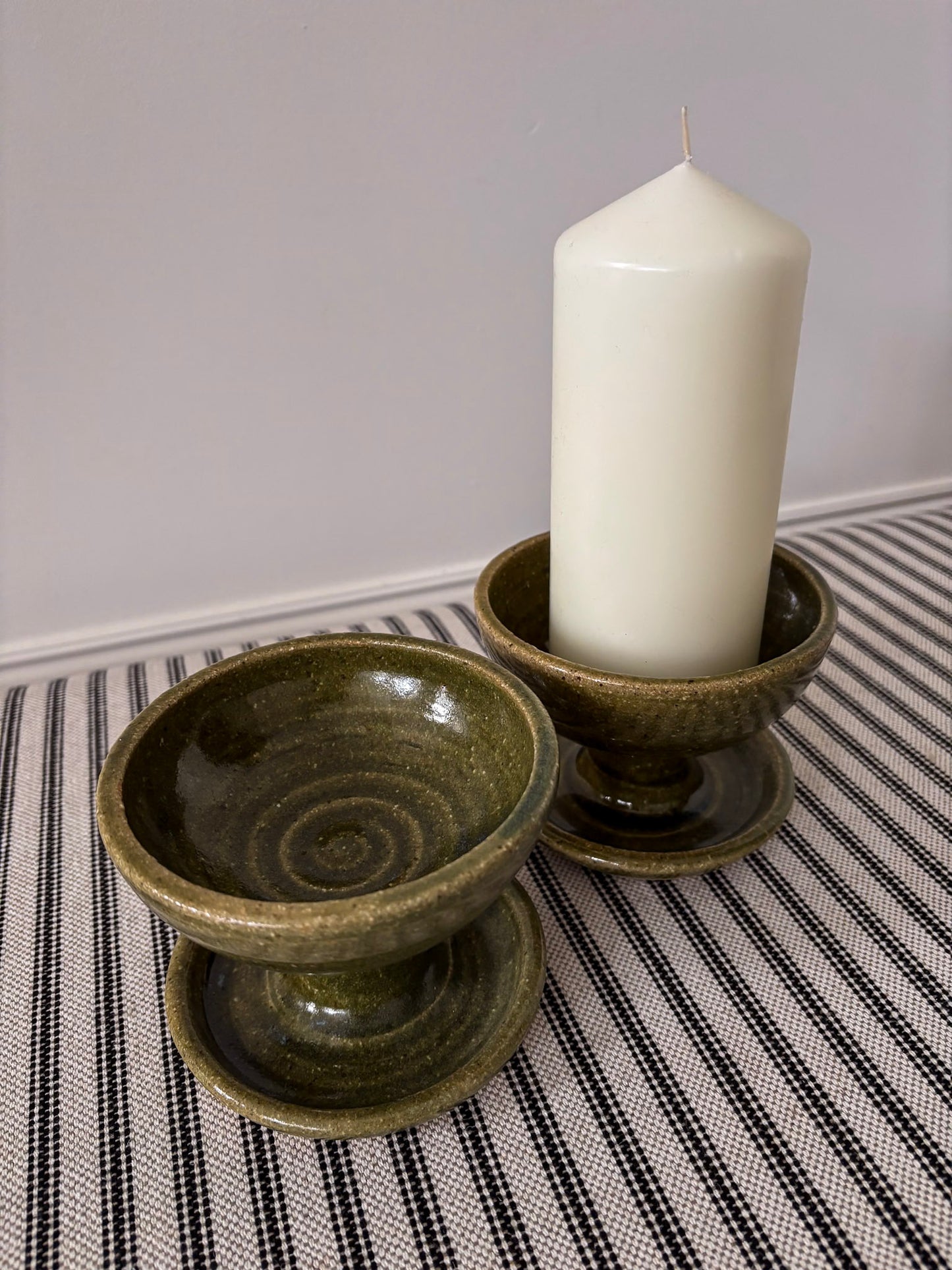 Mid-Century Olive Glazed Pedestal Candle Holders