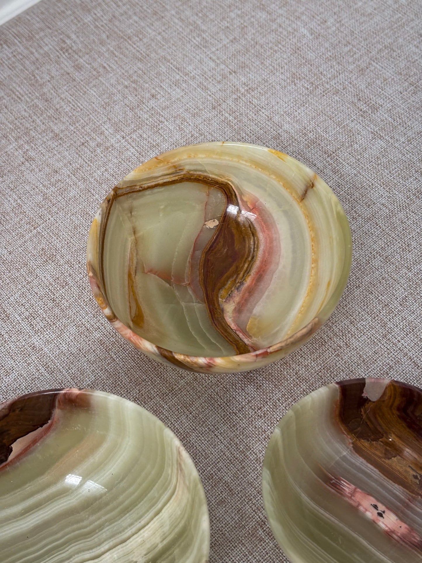 Vintage Banded Onyx Bowl Set | Mid Century Stone Trinket Bowls Set of 3