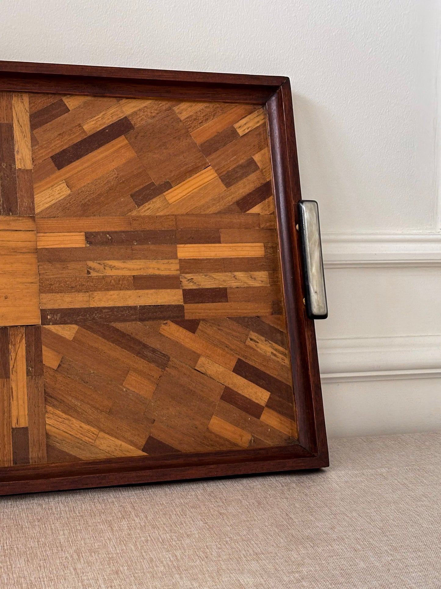 Vintage Mid Century Parquetry Serving Tray | Geometric Wood Veneer Tray