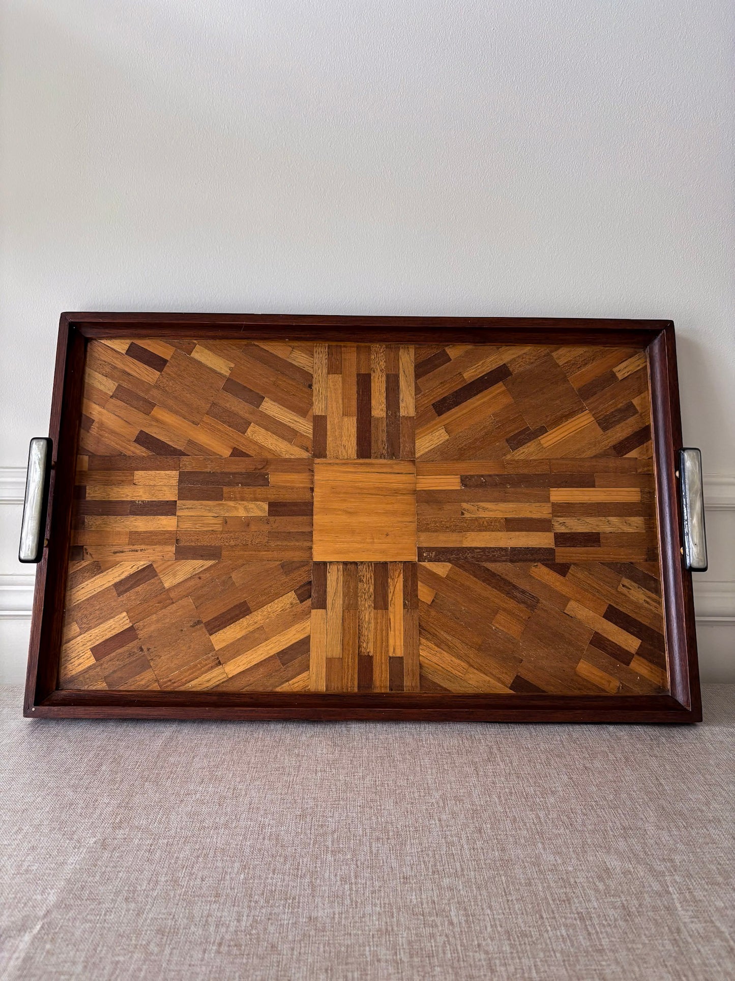 Vintage Mid Century Parquetry Serving Tray | Geometric Wood Veneer Tray