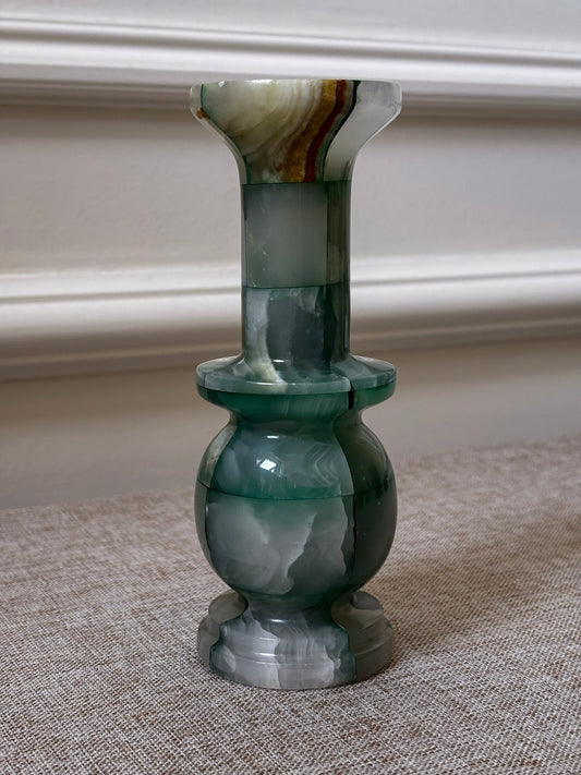 1970s Green Onyx Stone Vase | Sculptural Chequered Onyx Vase