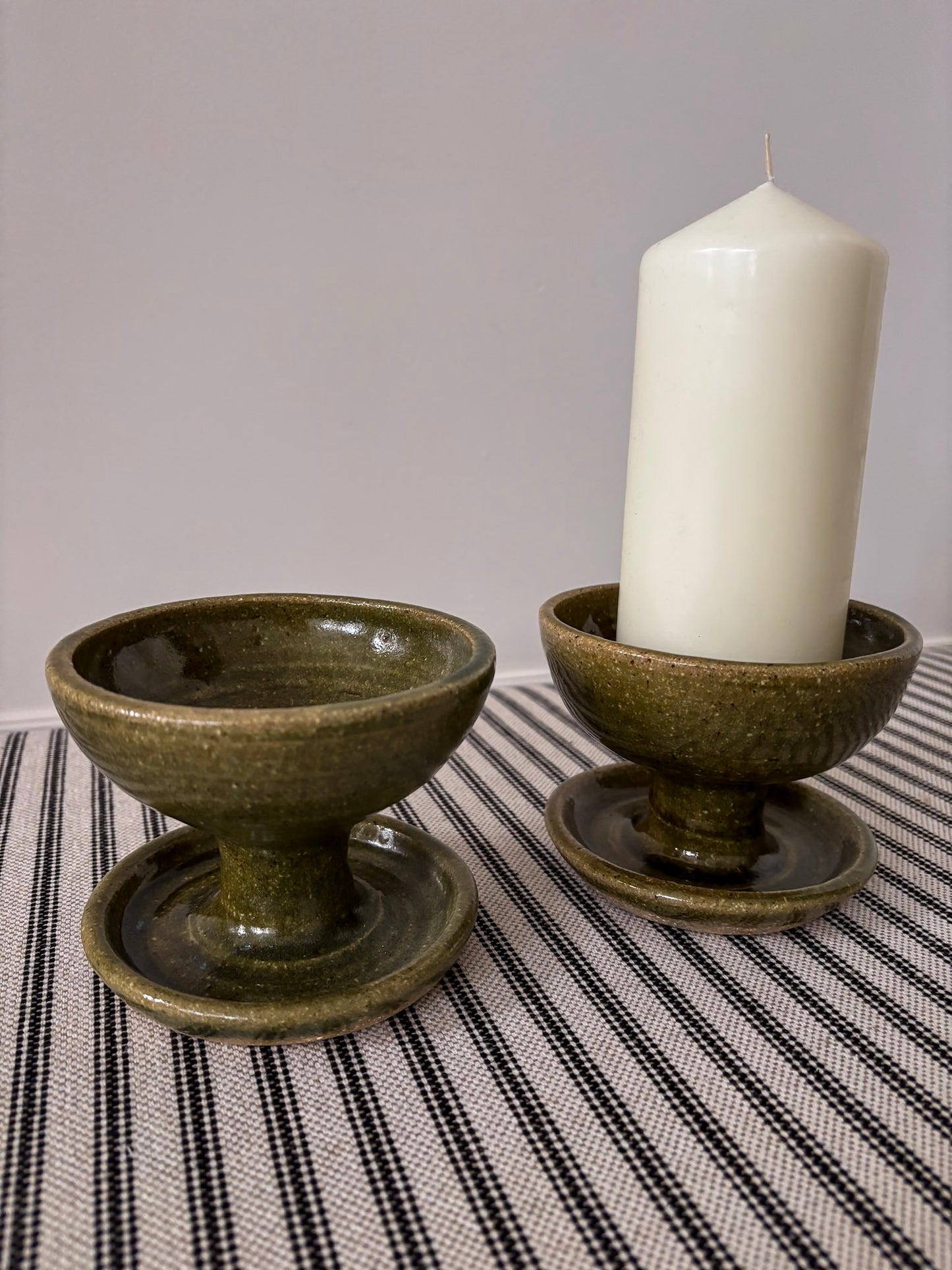 Mid-Century Olive Glazed Pedestal Candle Holders
