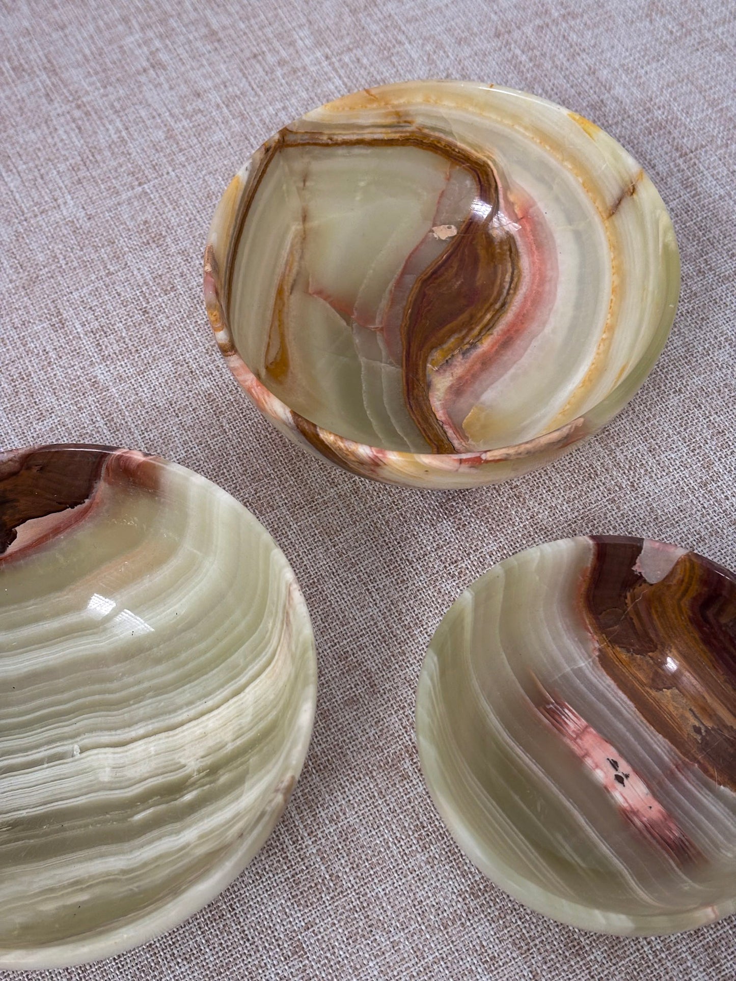 Vintage Banded Onyx Bowl Set | Mid Century Stone Trinket Bowls Set of 3