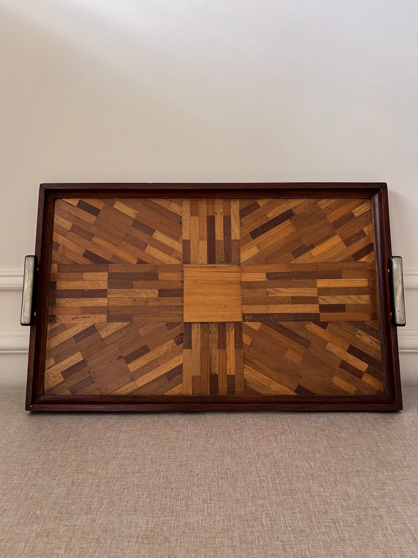 Vintage Mid Century Parquetry Serving Tray | Geometric Wood Veneer Tray