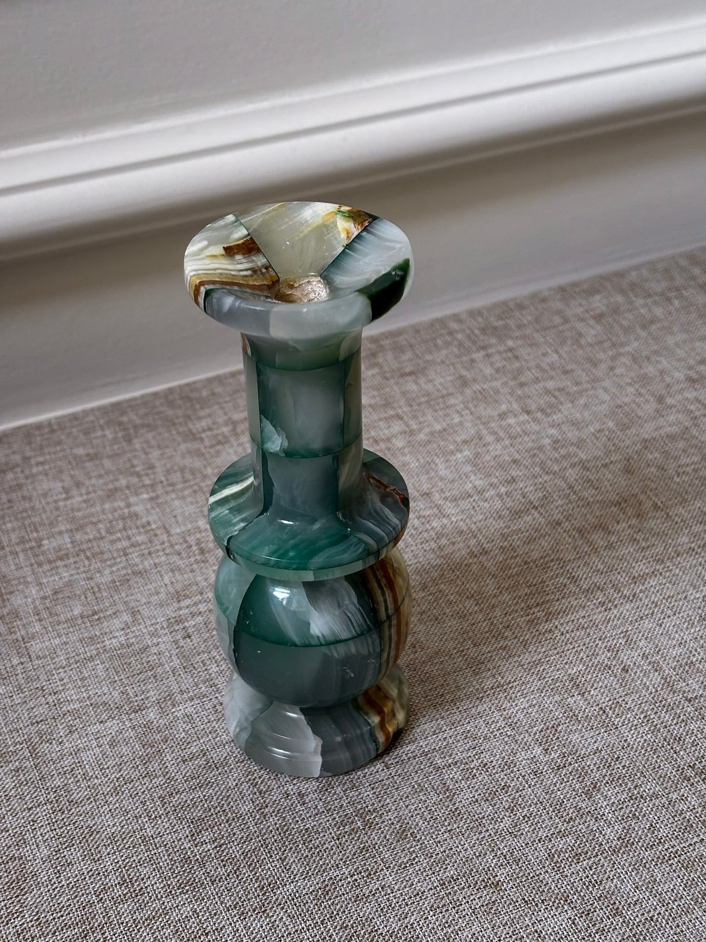 1970s Green Onyx Stone Vase | Sculptural Chequered Onyx Vase