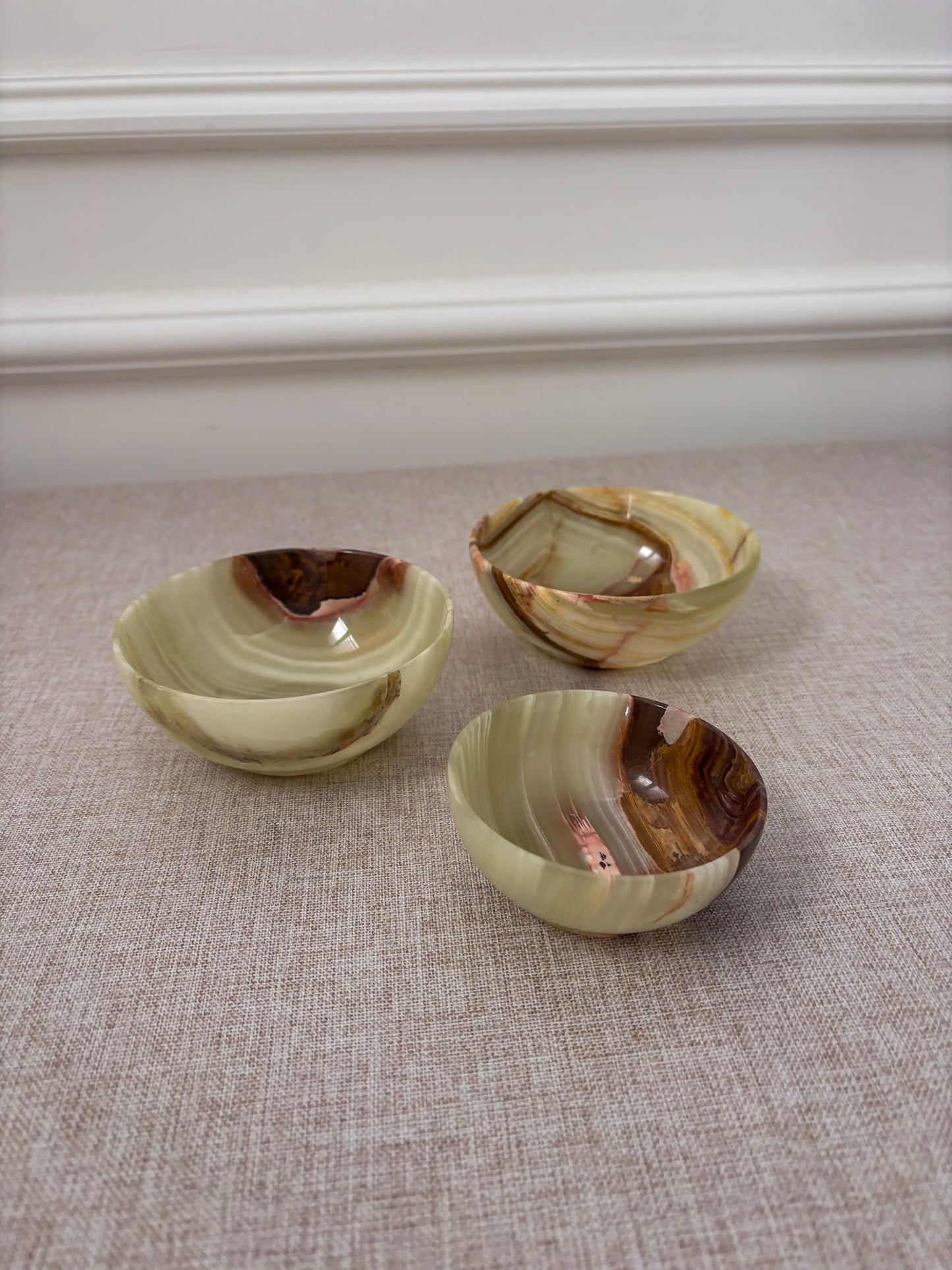 Vintage Banded Onyx Bowl Set | Mid Century Stone Trinket Bowls Set of 3