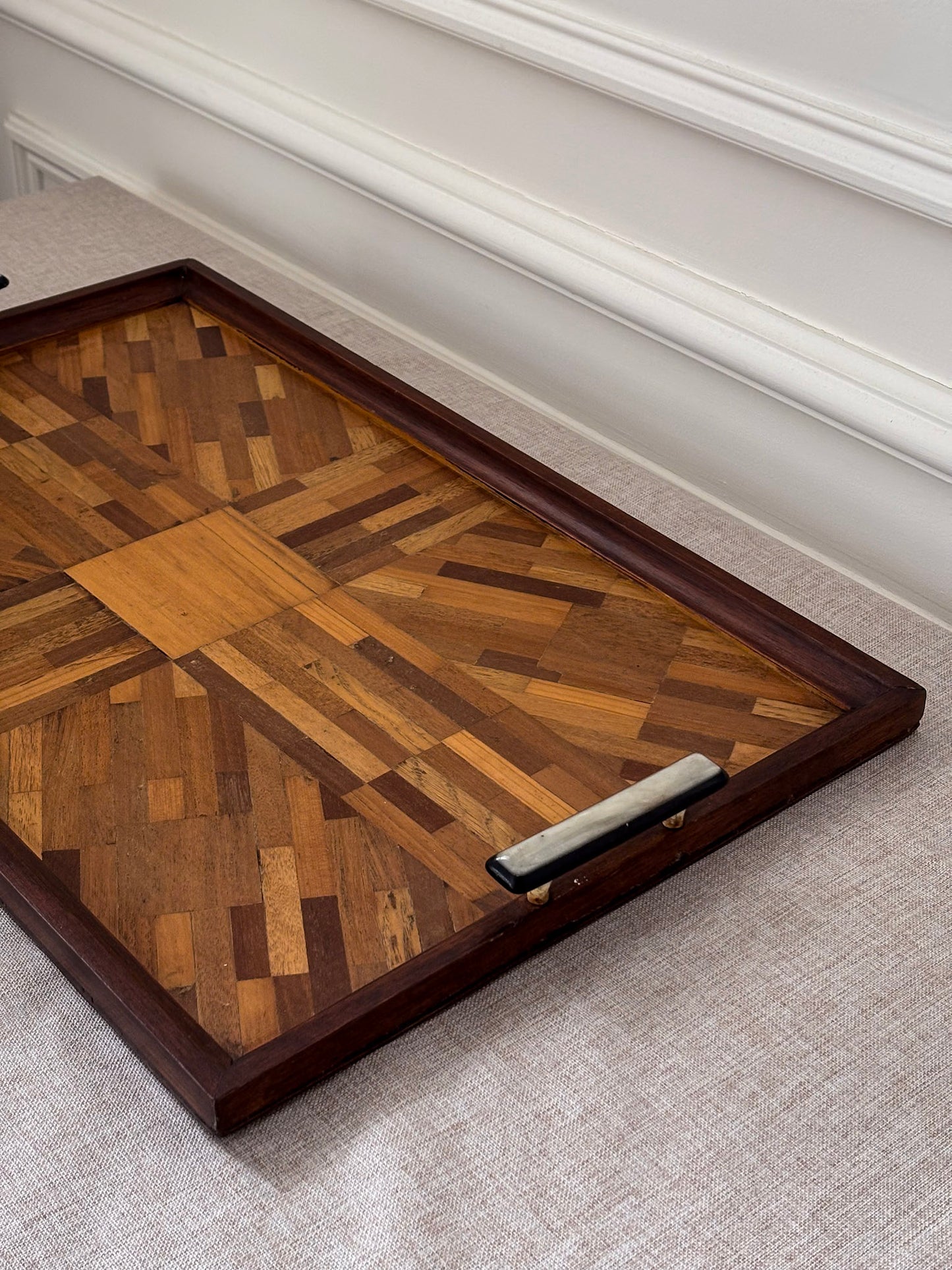 Vintage Mid Century Parquetry Serving Tray | Geometric Wood Veneer Tray