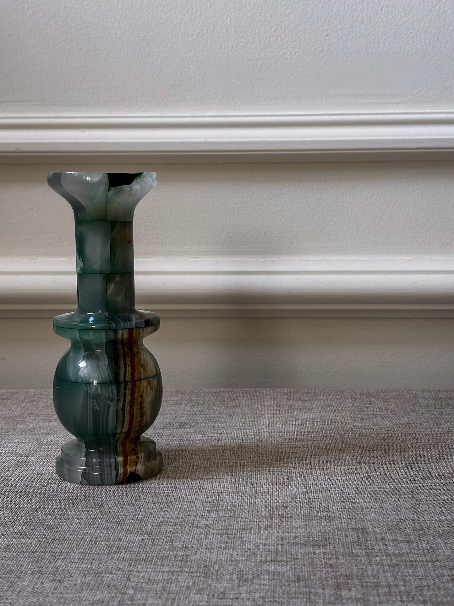 1970s Green Onyx Stone Vase | Sculptural Chequered Onyx Vase