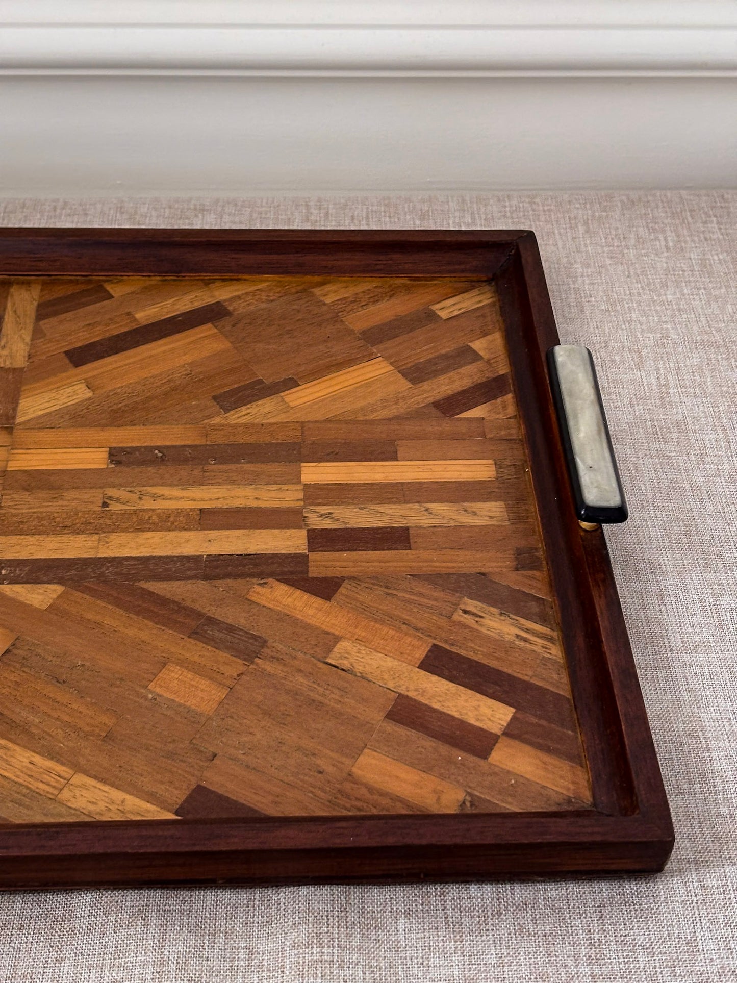Vintage Mid Century Parquetry Serving Tray | Geometric Wood Veneer Tray