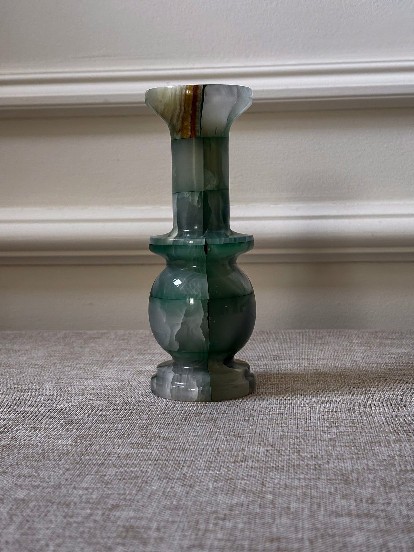 1970s Green Onyx Stone Vase | Sculptural Chequered Onyx Vase