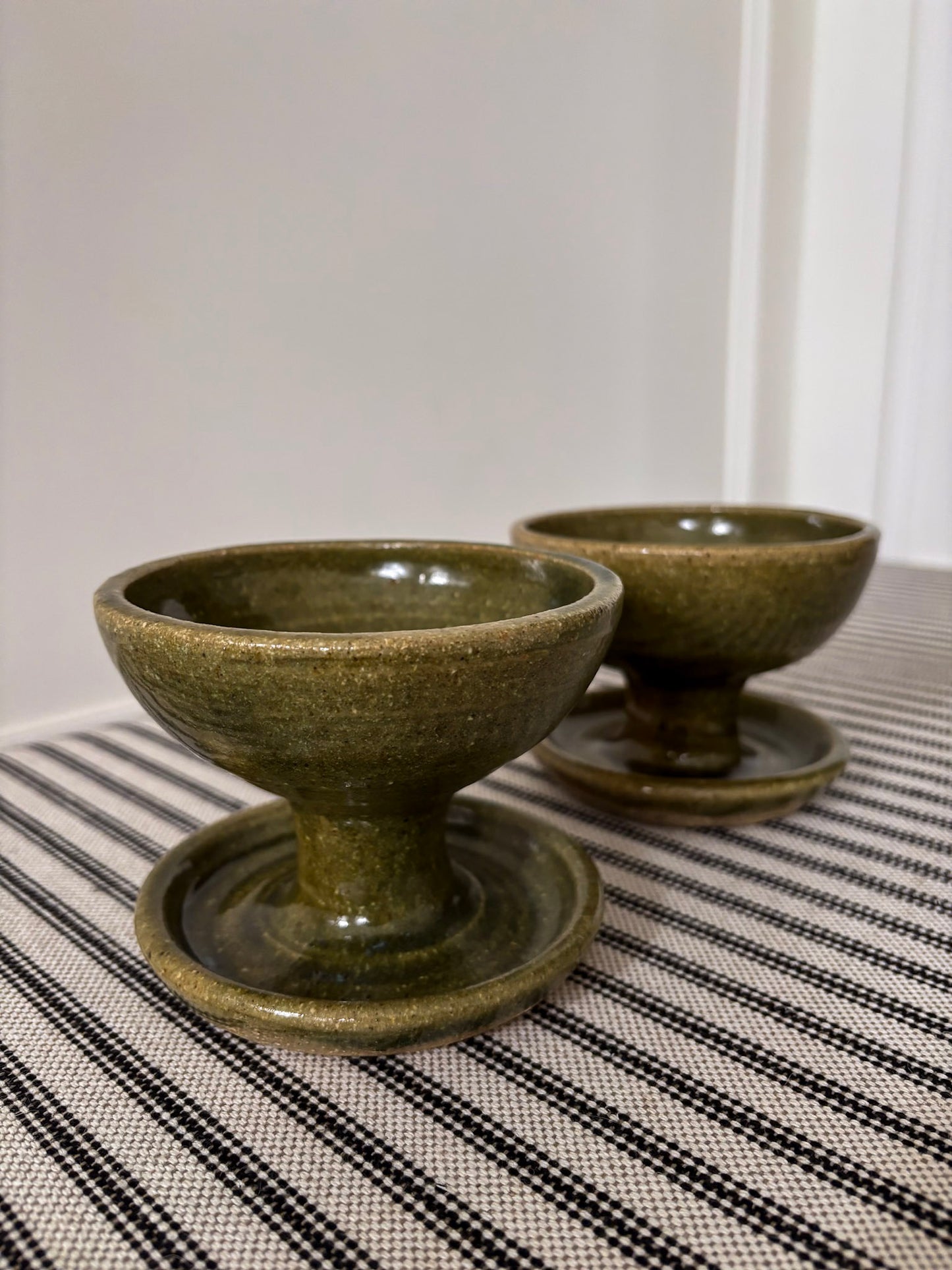 Mid-Century Olive Glazed Pedestal Candle Holders