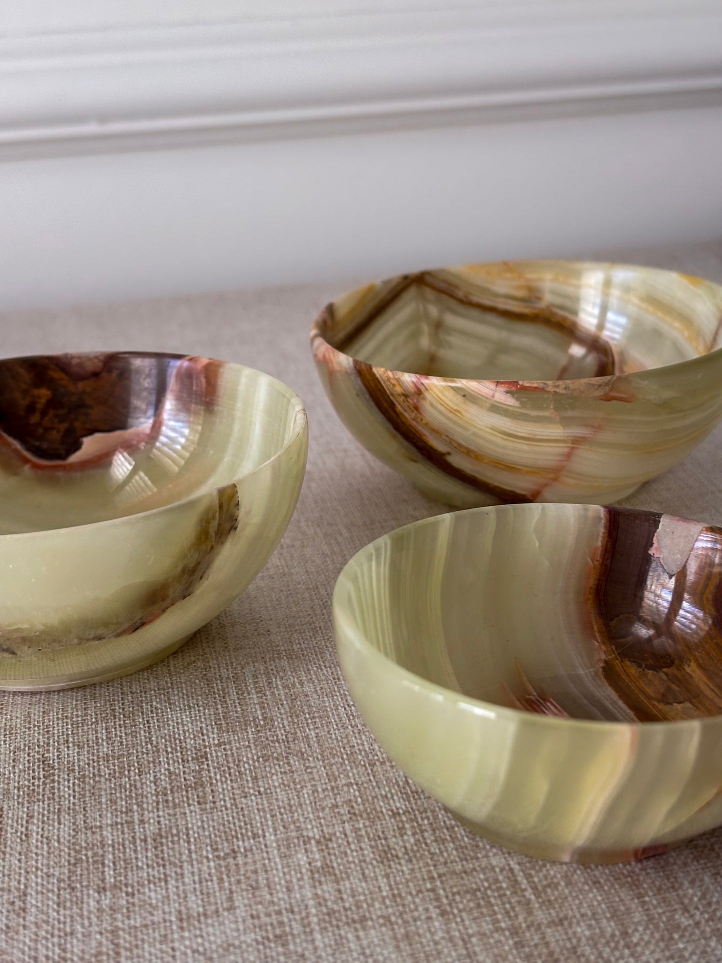 Vintage Banded Onyx Bowl Set | Mid Century Stone Trinket Bowls Set of 3