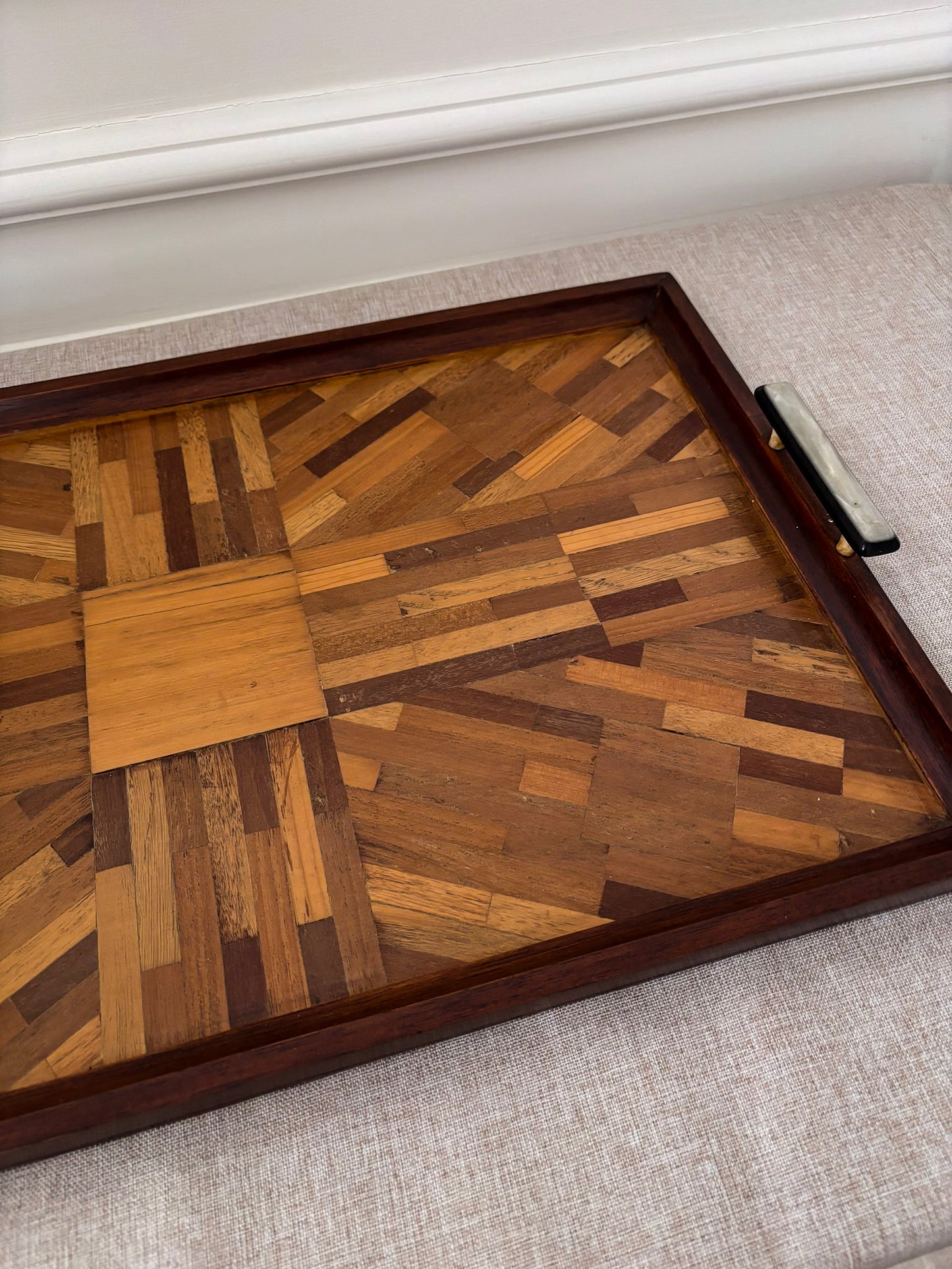 Vintage Mid Century Parquetry Serving Tray | Geometric Wood Veneer Tray