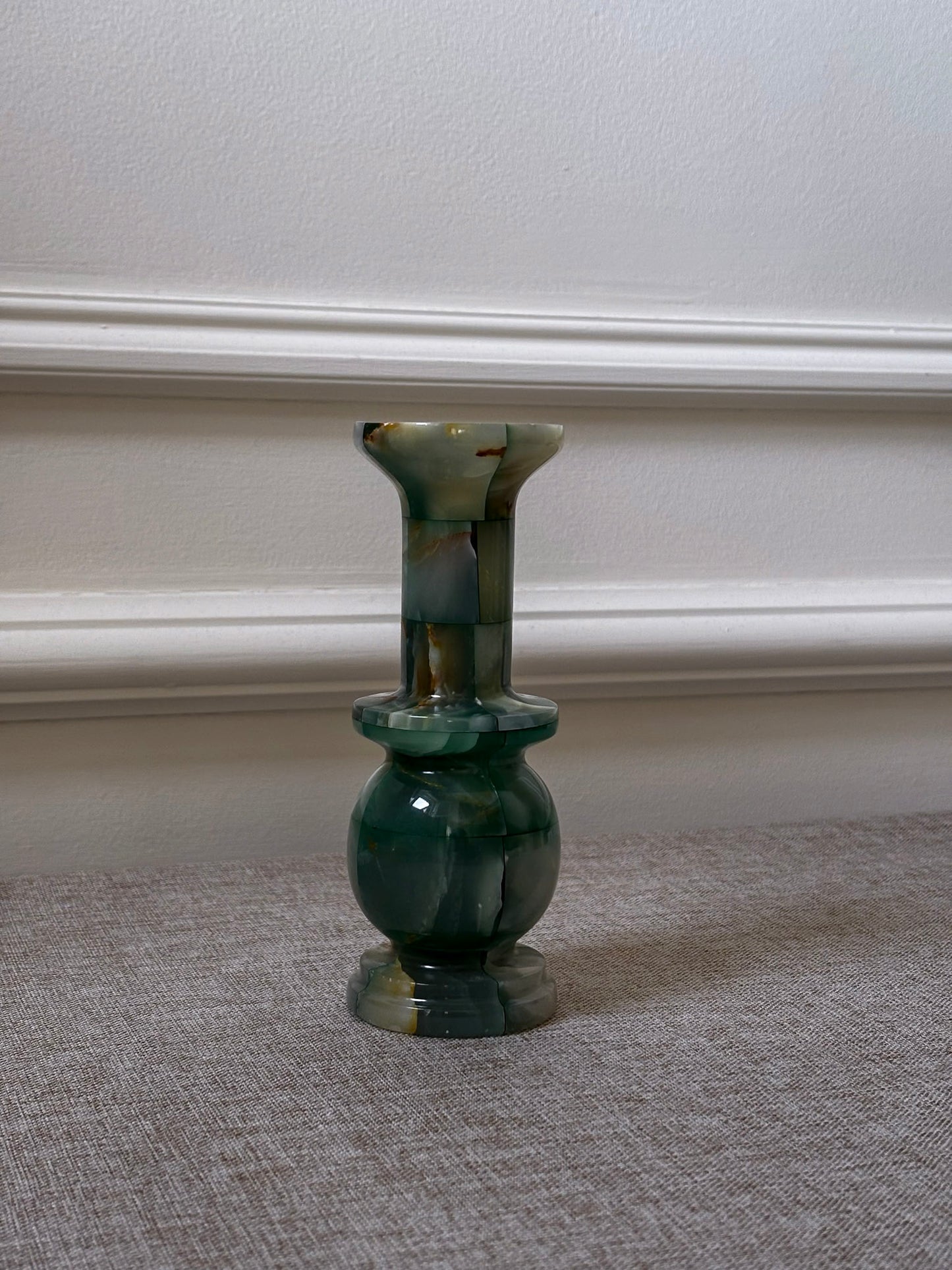 1970s Green Onyx Stone Vase | Sculptural Chequered Onyx Vase