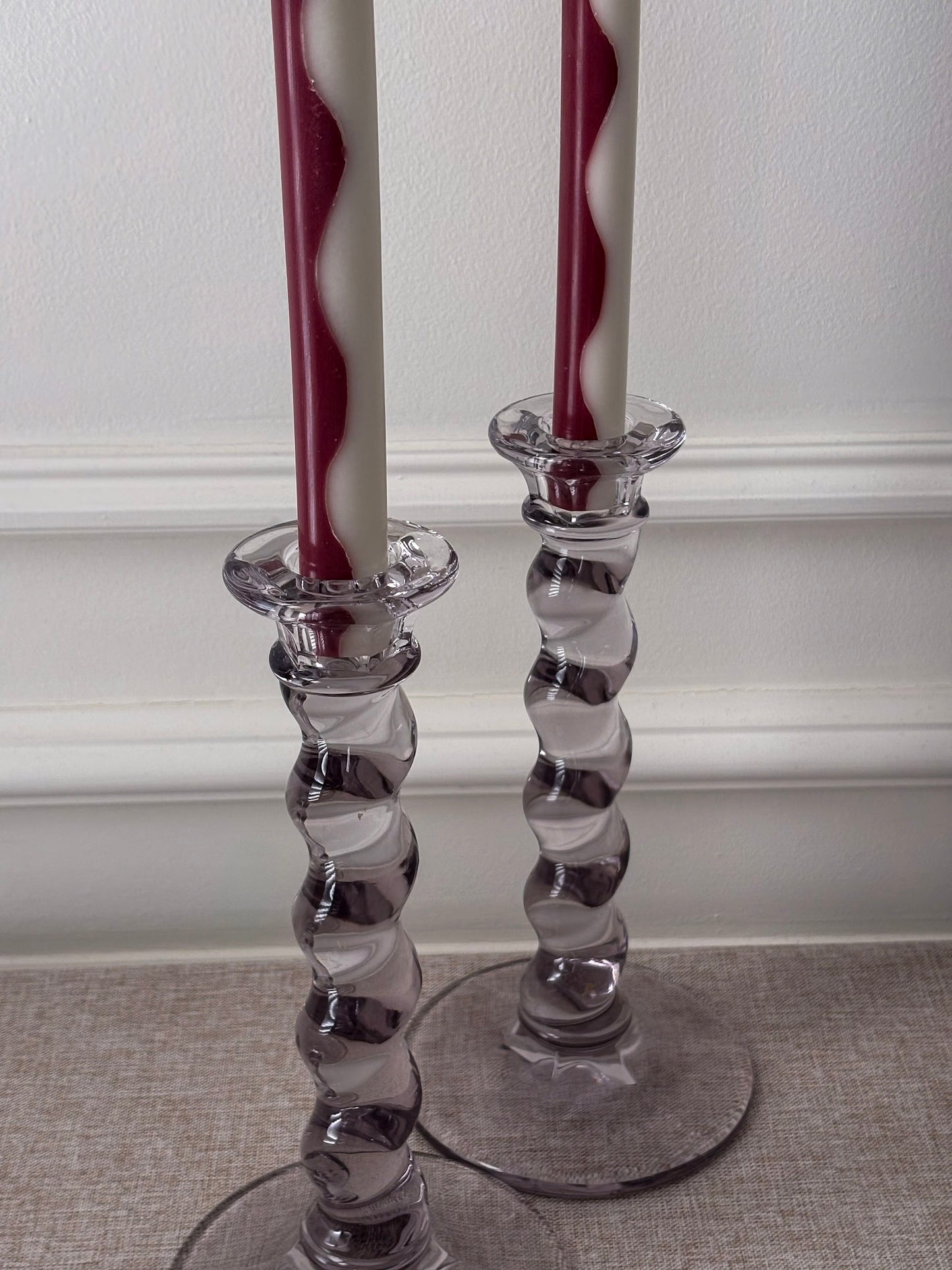 Glass Twist Candlesticks, Pair of Sculptural Spiral Stem Candle Holders