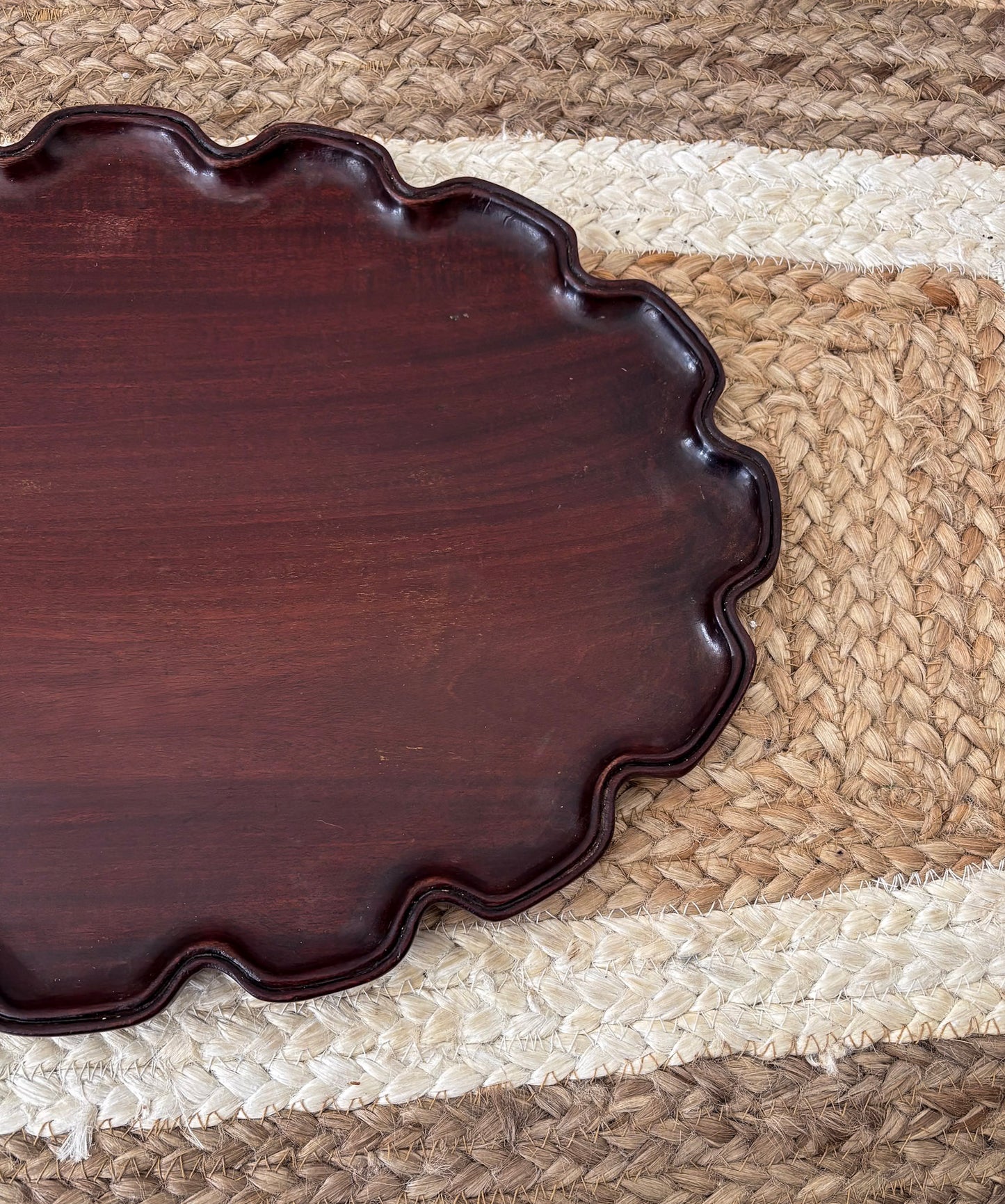 Mahogany Pie-Crust Scalloped Edge Decorative Tray - Wooden Styling Tray for Home Décor