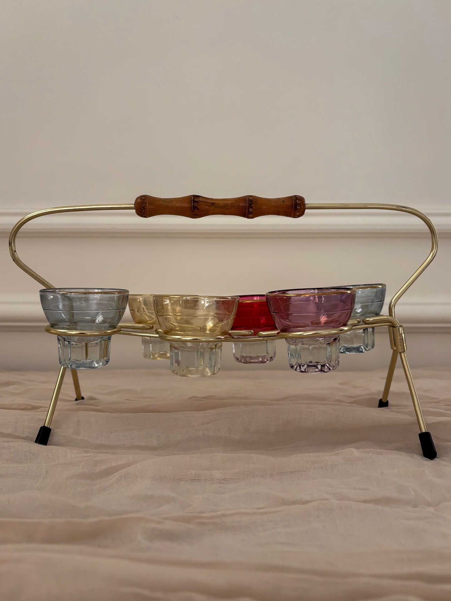 1950s Harlequin Shot Glass Set with Caddy & Bamboo Handle