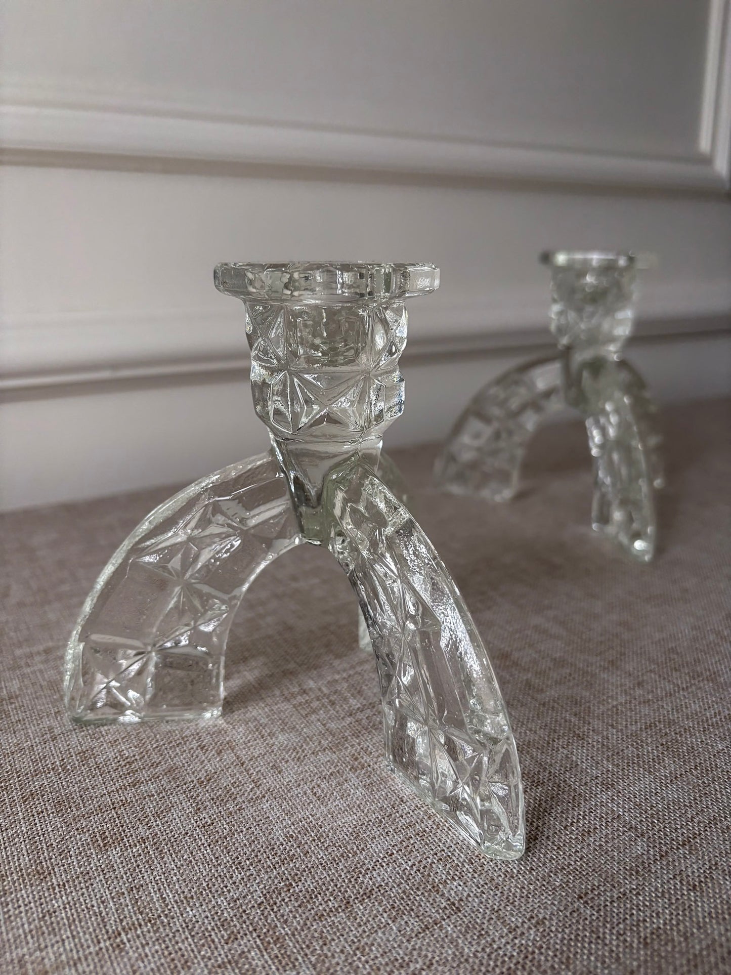 1930s Art Deco Pressed Glass Candlesticks - Pair