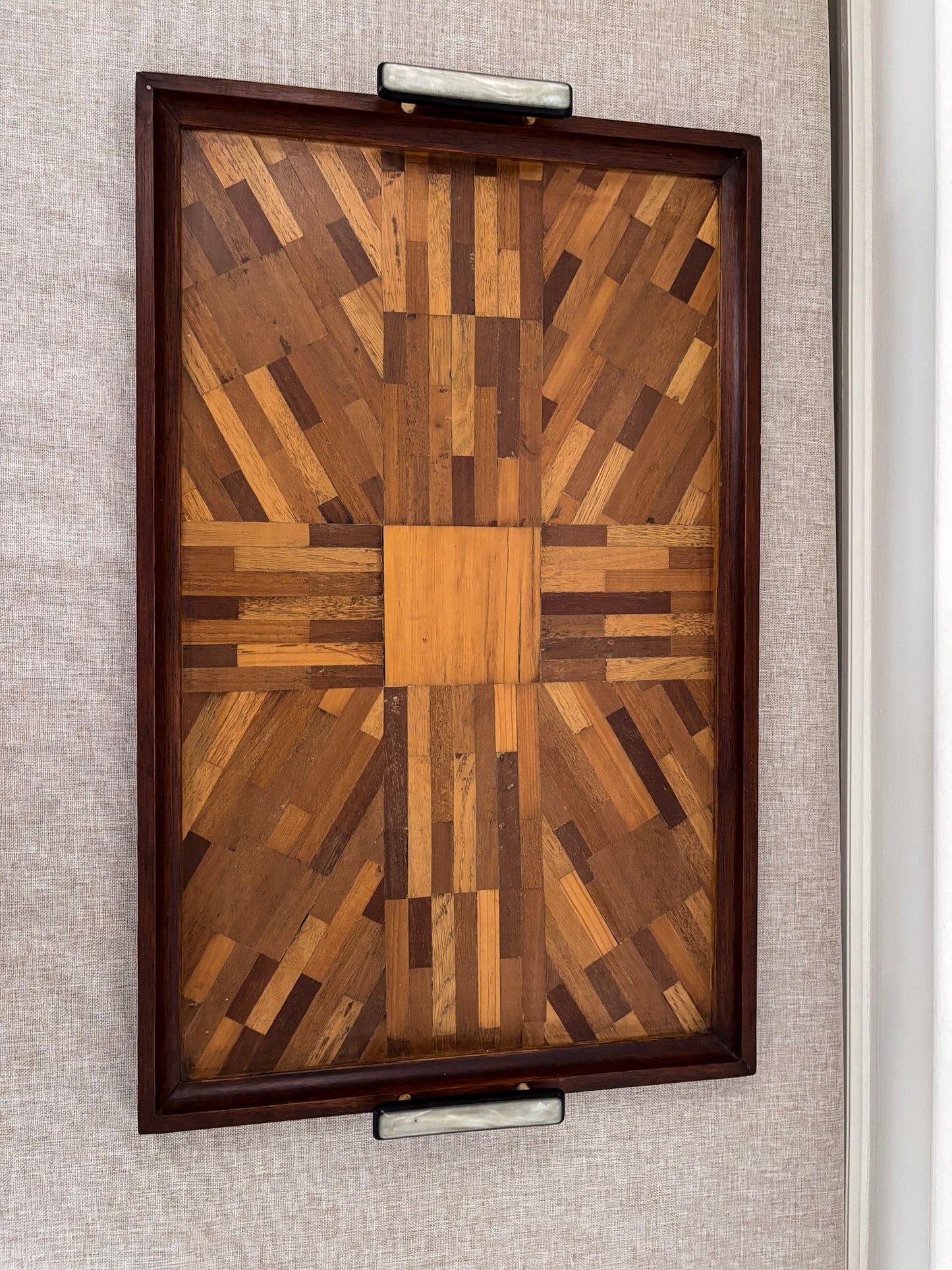 Vintage Mid Century Parquetry Serving Tray | Geometric Wood Veneer Tray