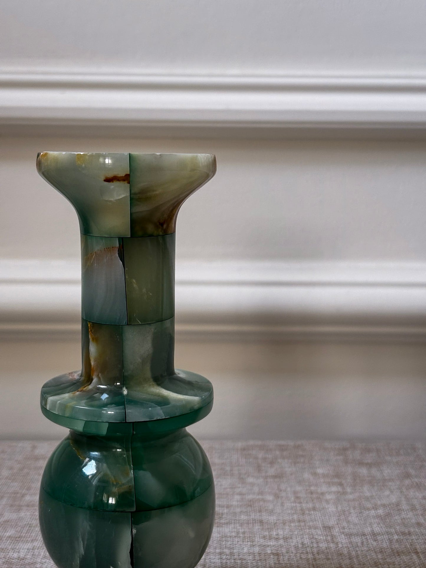 1970s Green Onyx Stone Vase | Sculptural Chequered Onyx Vase