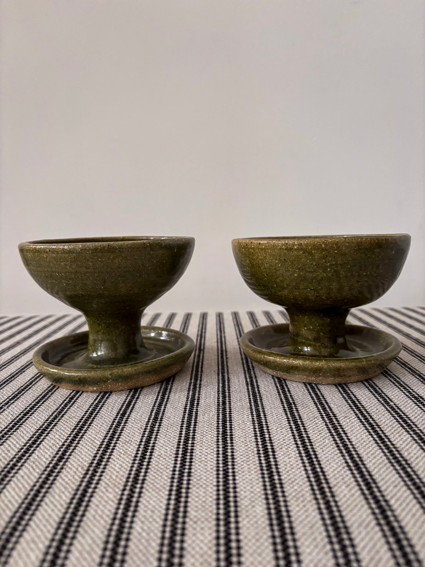 Mid-Century Olive Glazed Pedestal Candle Holders