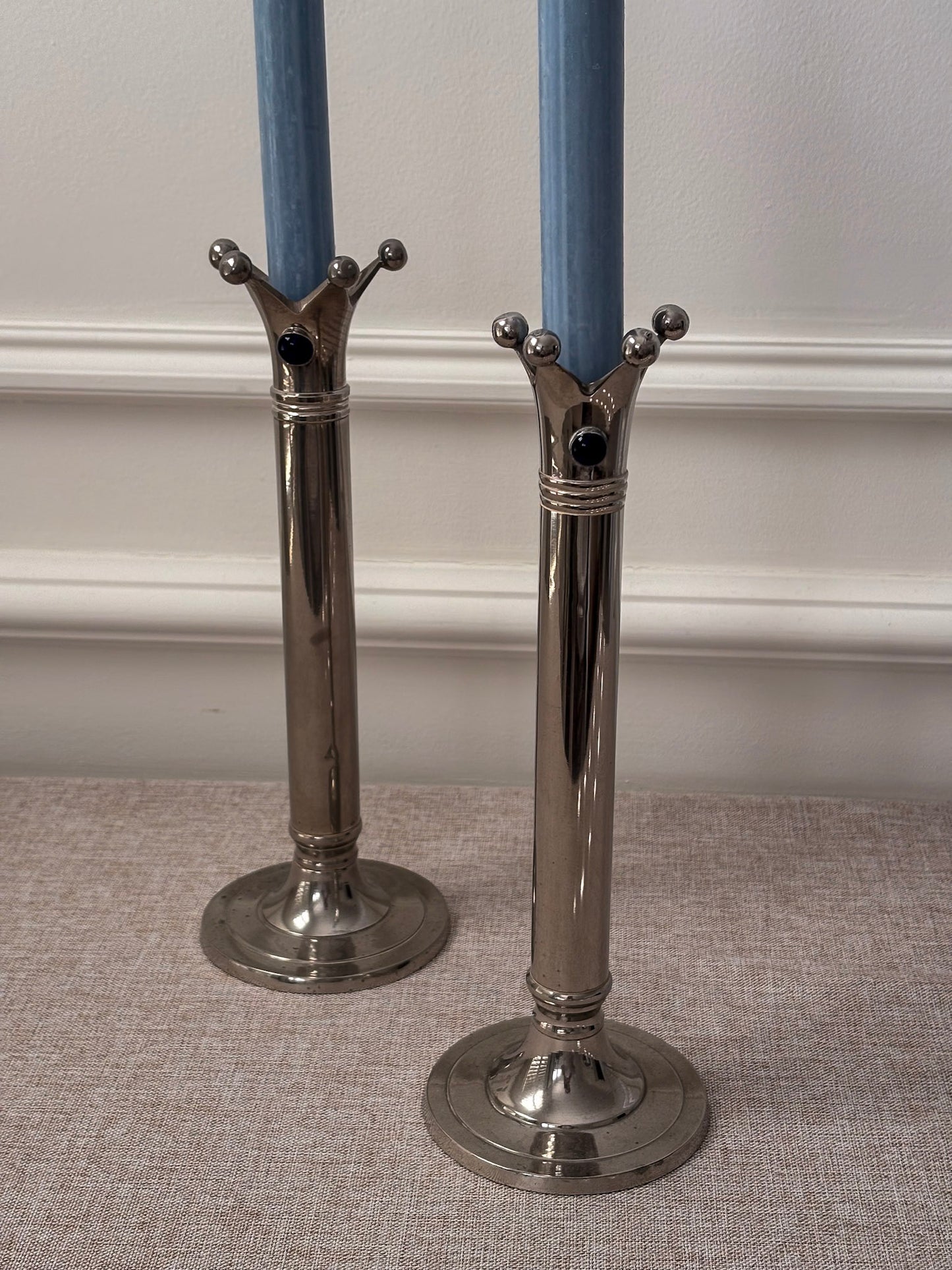 Chrome Jester Crown Candlesticks with Blue Cabochon Detail, Sculptural Taper Candle Holders (Pair)