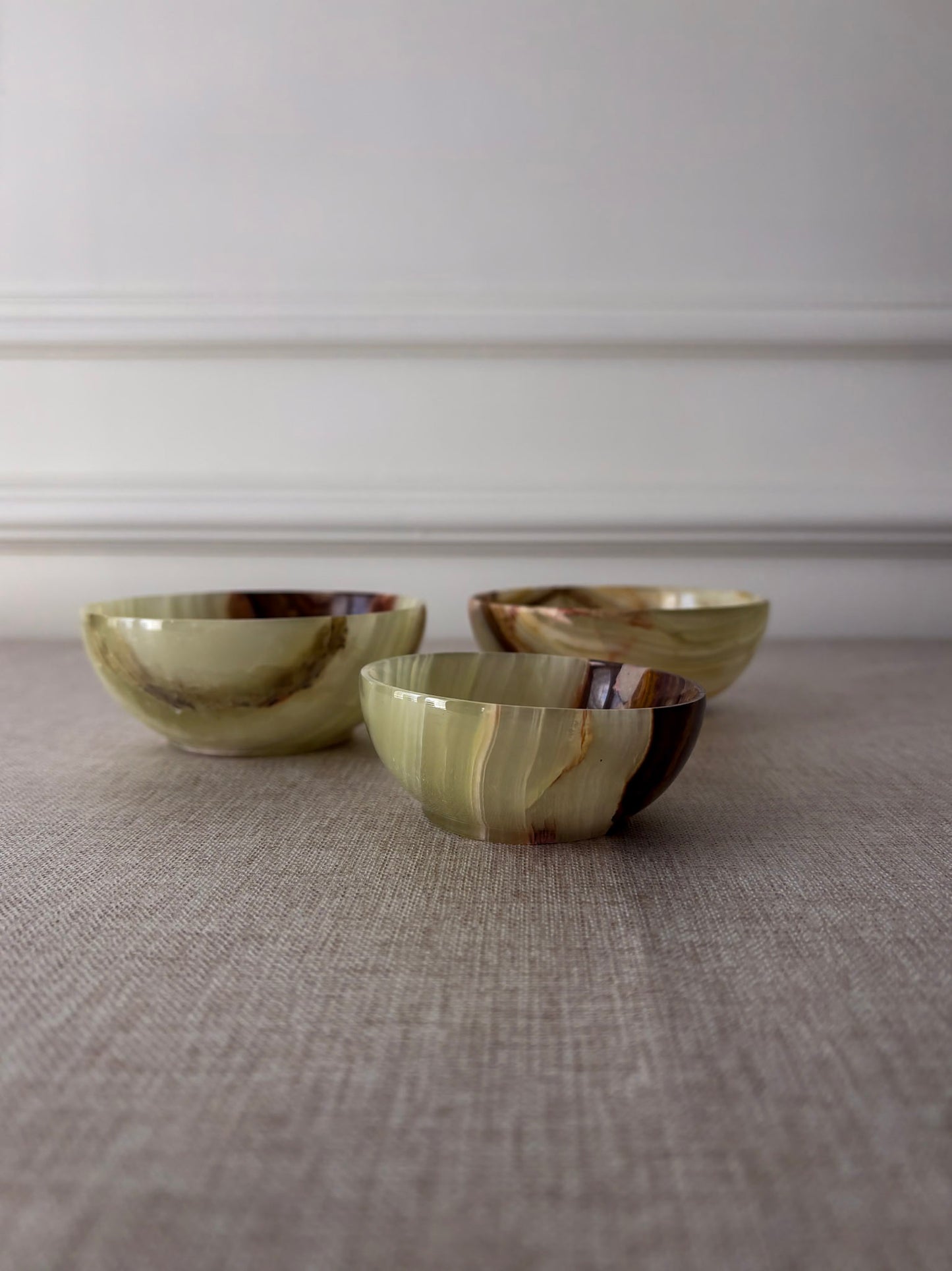 Vintage Banded Onyx Bowl Set | Mid Century Stone Trinket Bowls Set of 3