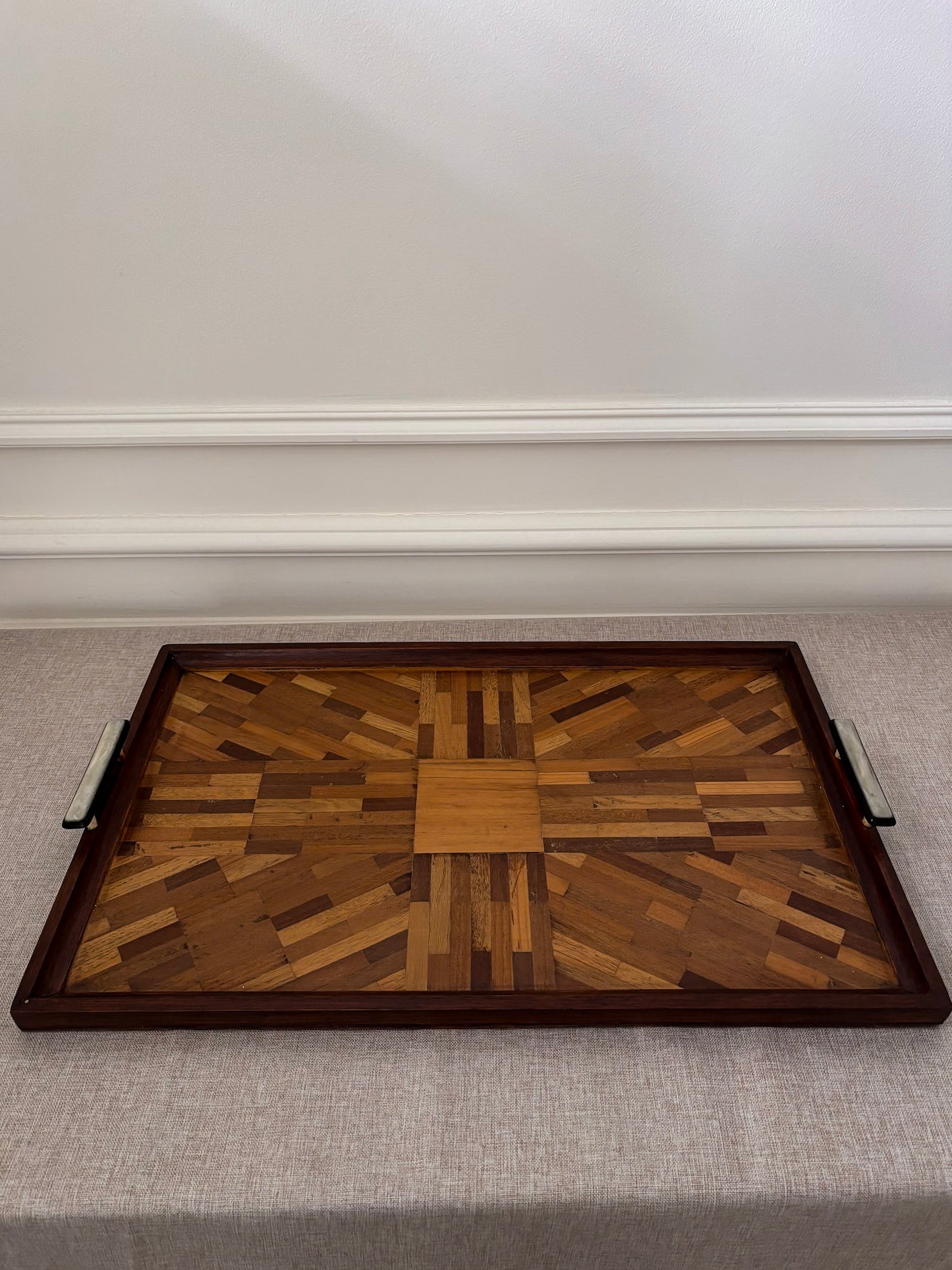 Vintage Mid Century Parquetry Serving Tray | Geometric Wood Veneer Tray