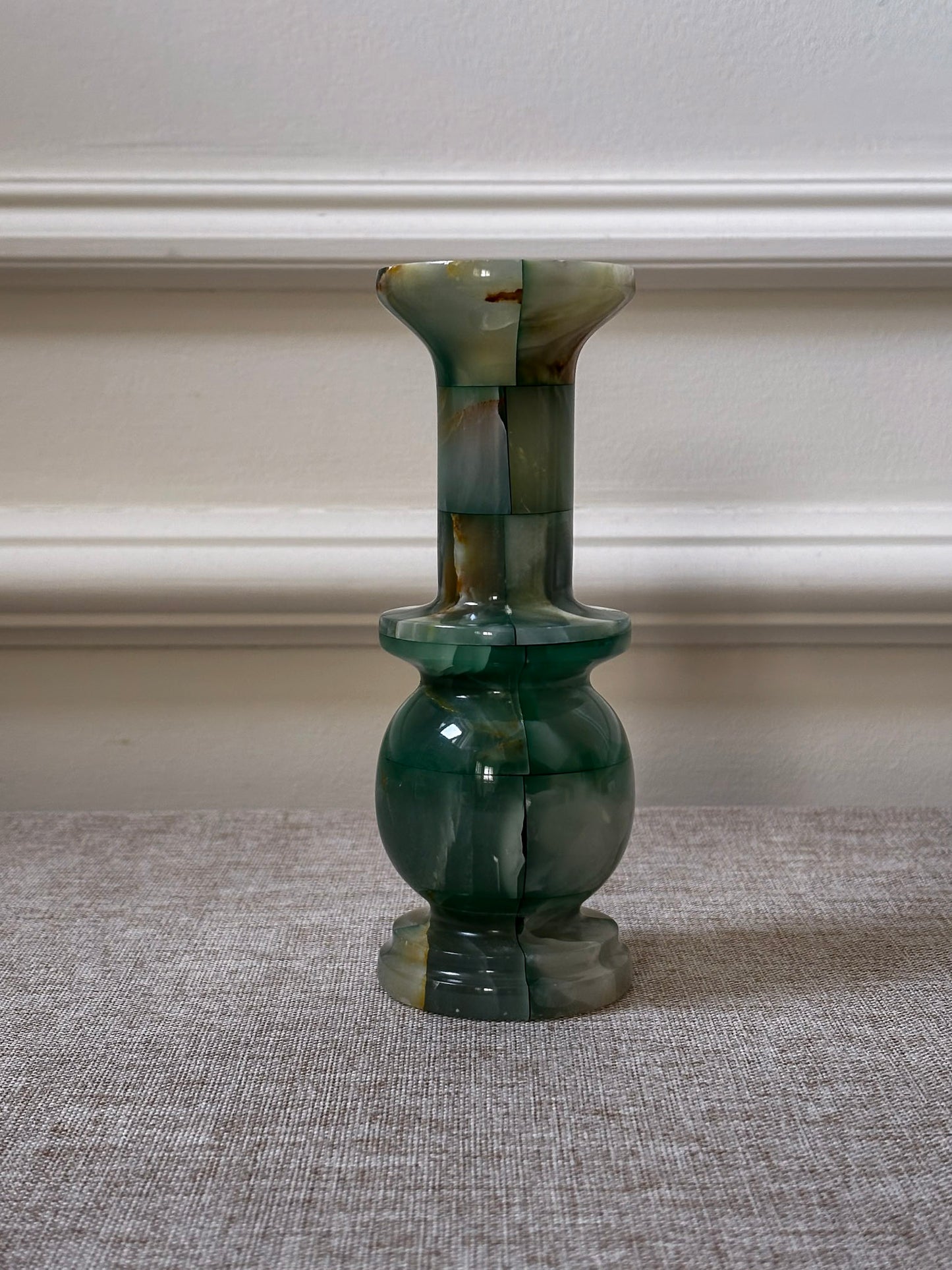 1970s Green Onyx Stone Vase | Sculptural Chequered Onyx Vase