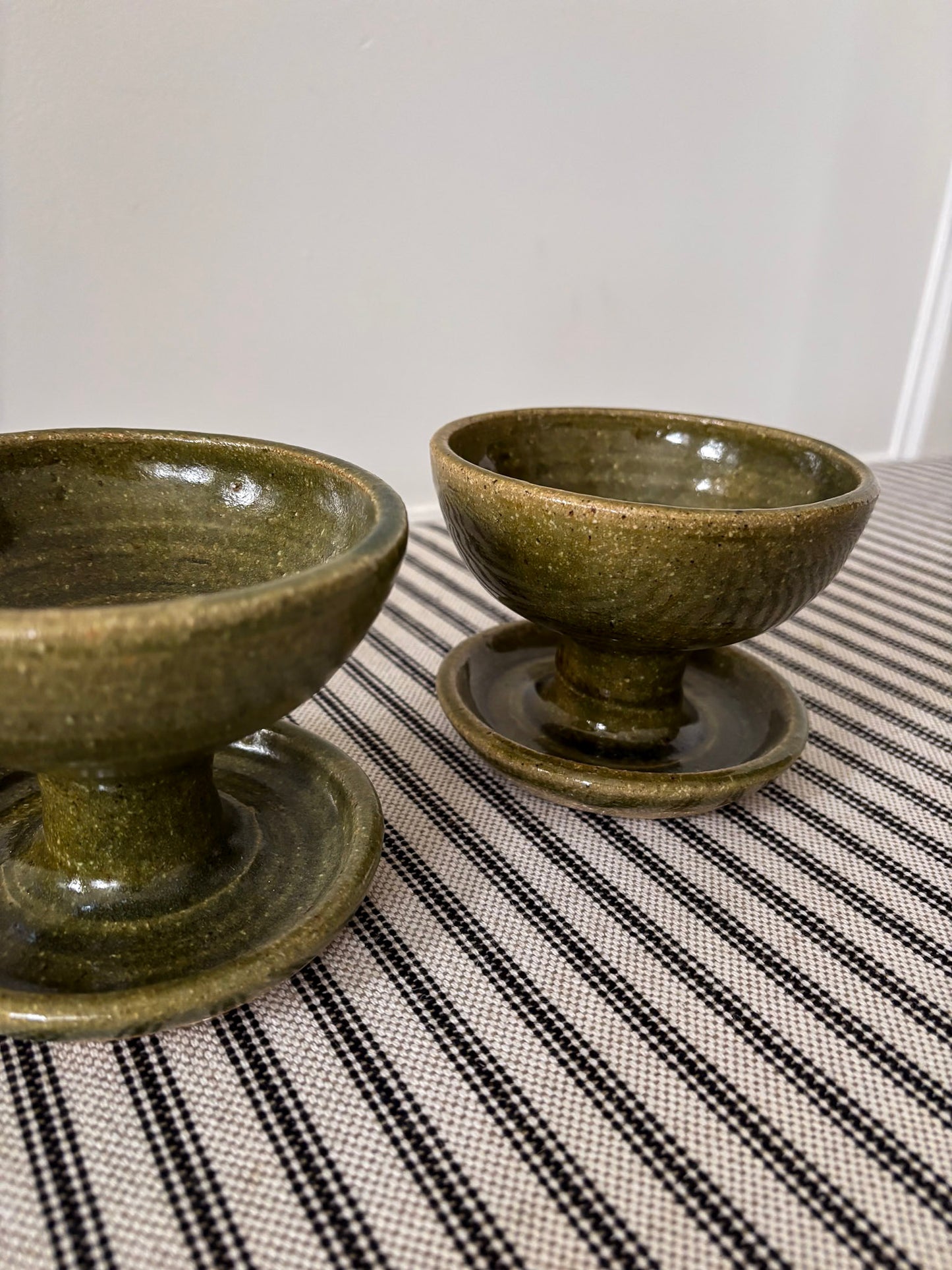 Mid-Century Olive Glazed Pedestal Candle Holders