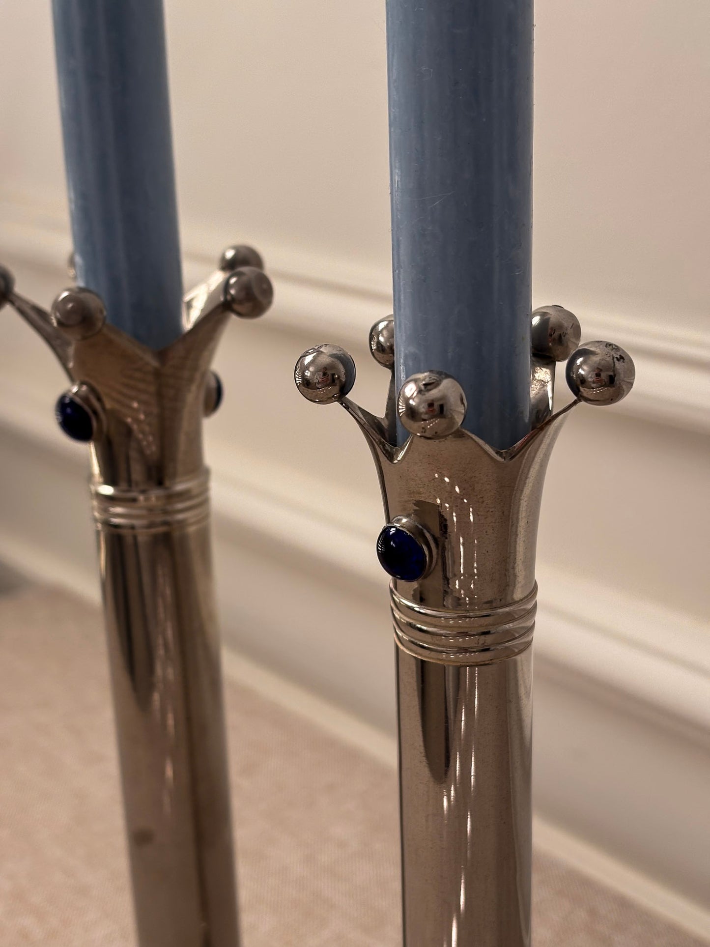 Chrome Jester Crown Candlesticks with Blue Cabochon Detail, Sculptural Taper Candle Holders (Pair)