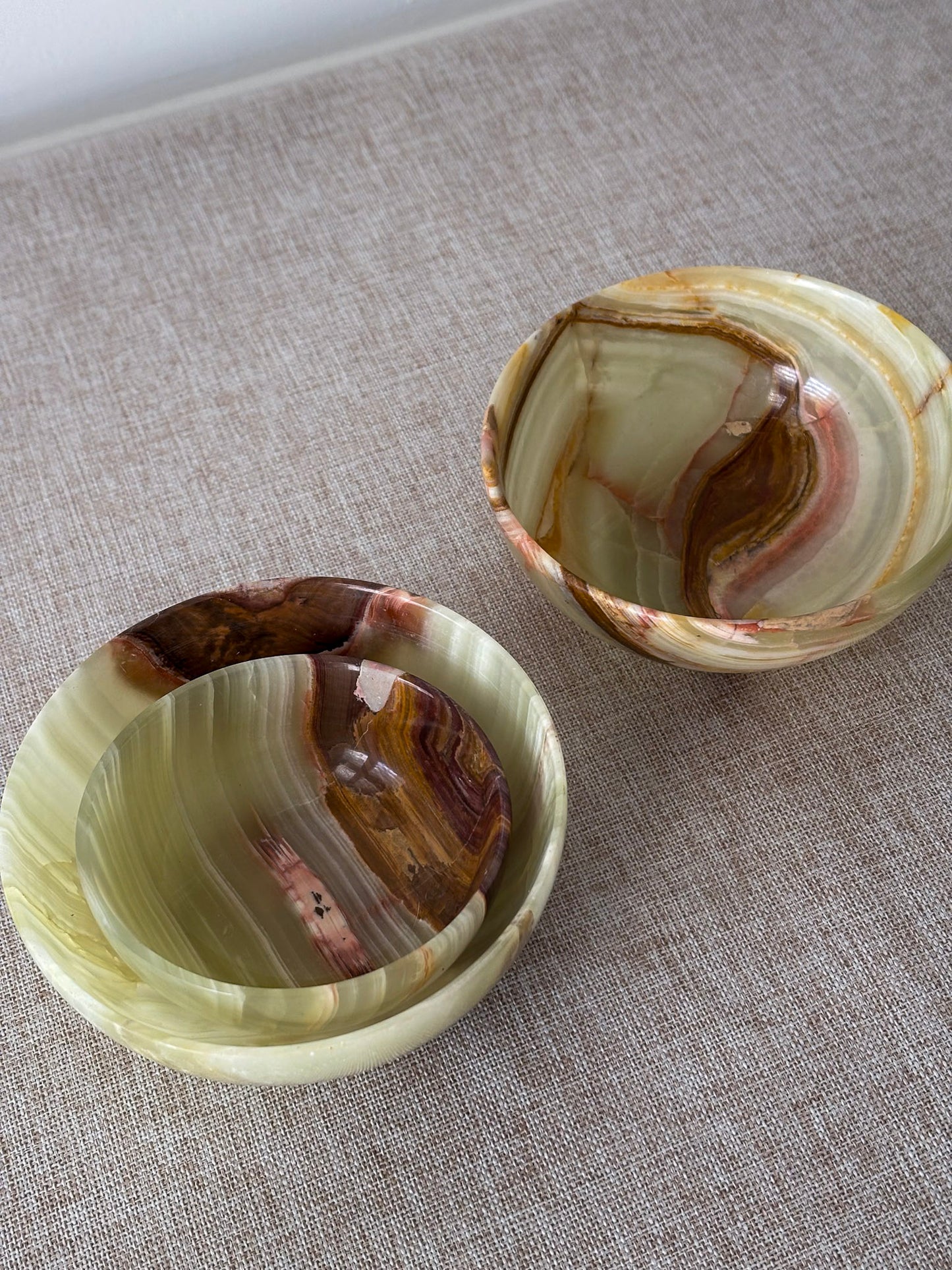 Vintage Banded Onyx Bowl Set | Mid Century Stone Trinket Bowls Set of 3