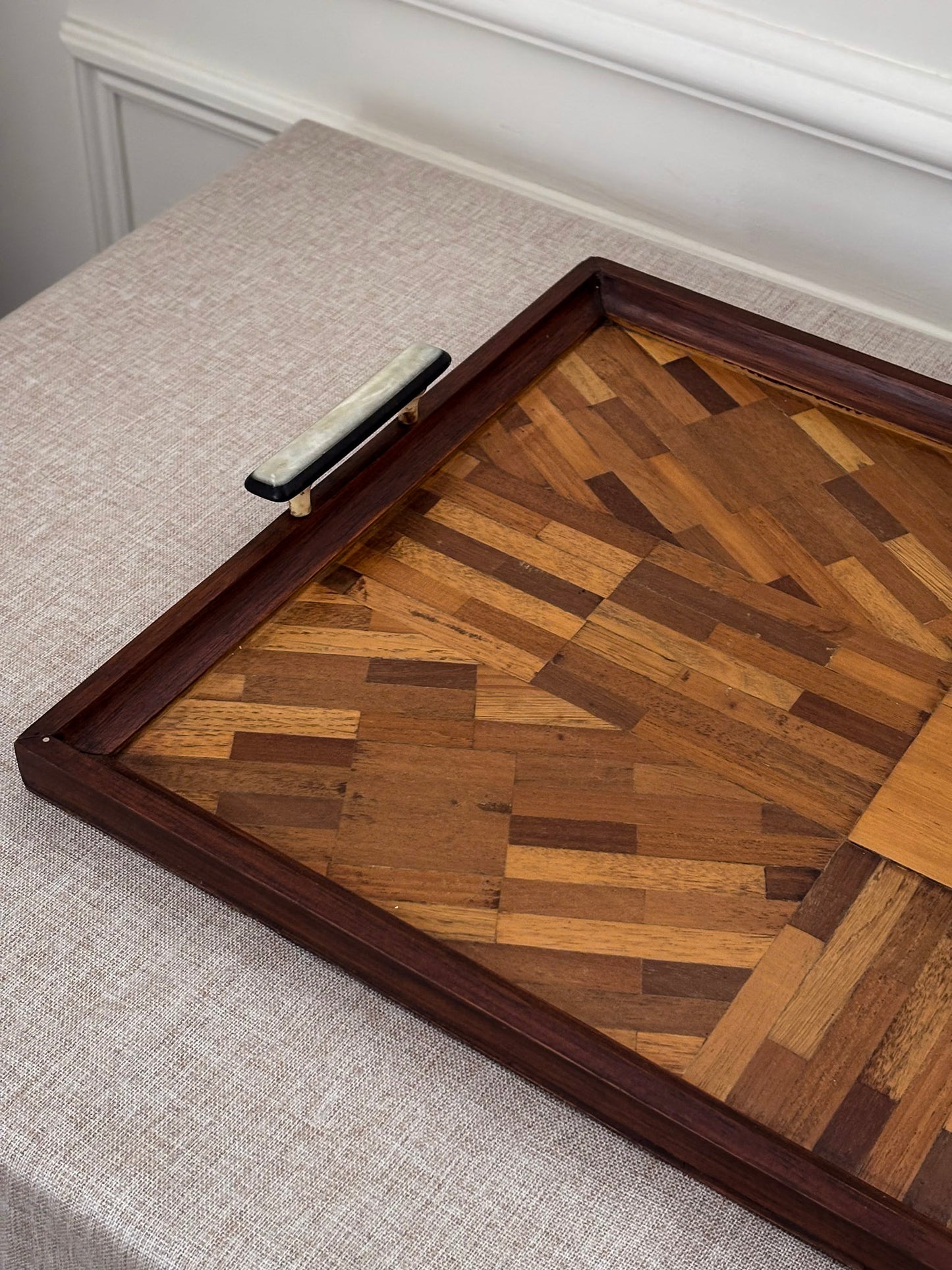 Vintage Mid Century Parquetry Serving Tray | Geometric Wood Veneer Tray