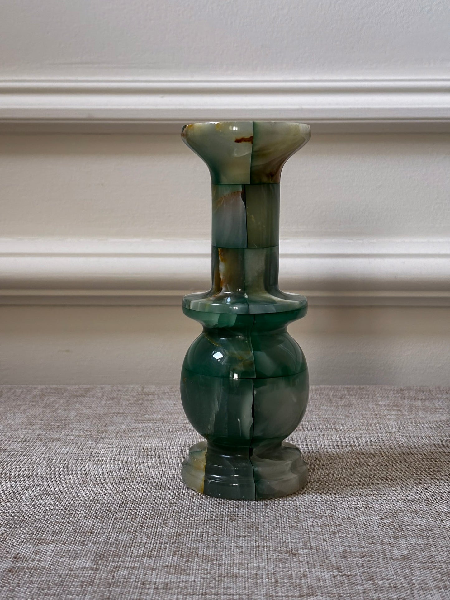 1970s Green Onyx Stone Vase | Sculptural Chequered Onyx Vase