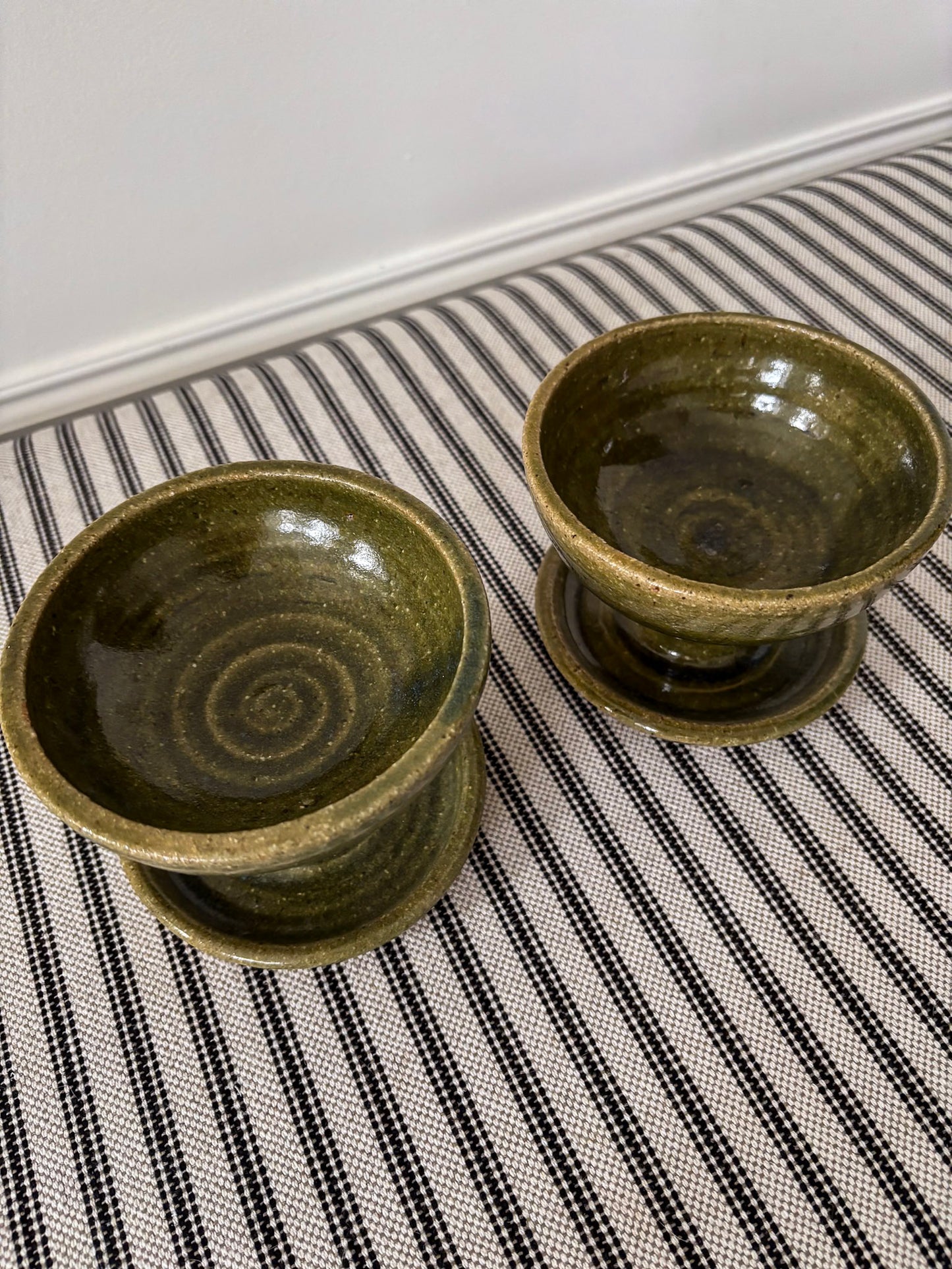 Mid-Century Olive Glazed Pedestal Candle Holders