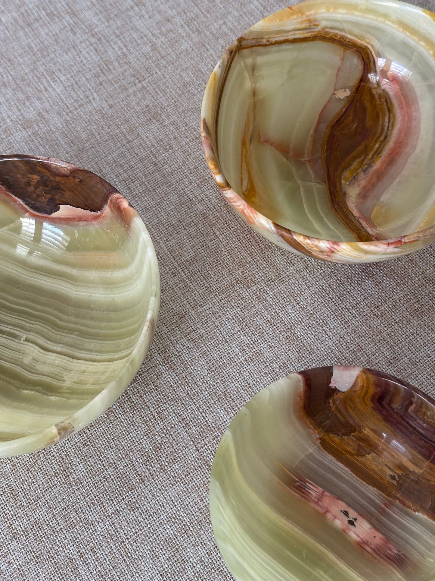 Vintage Banded Onyx Bowl Set | Mid Century Stone Trinket Bowls Set of 3