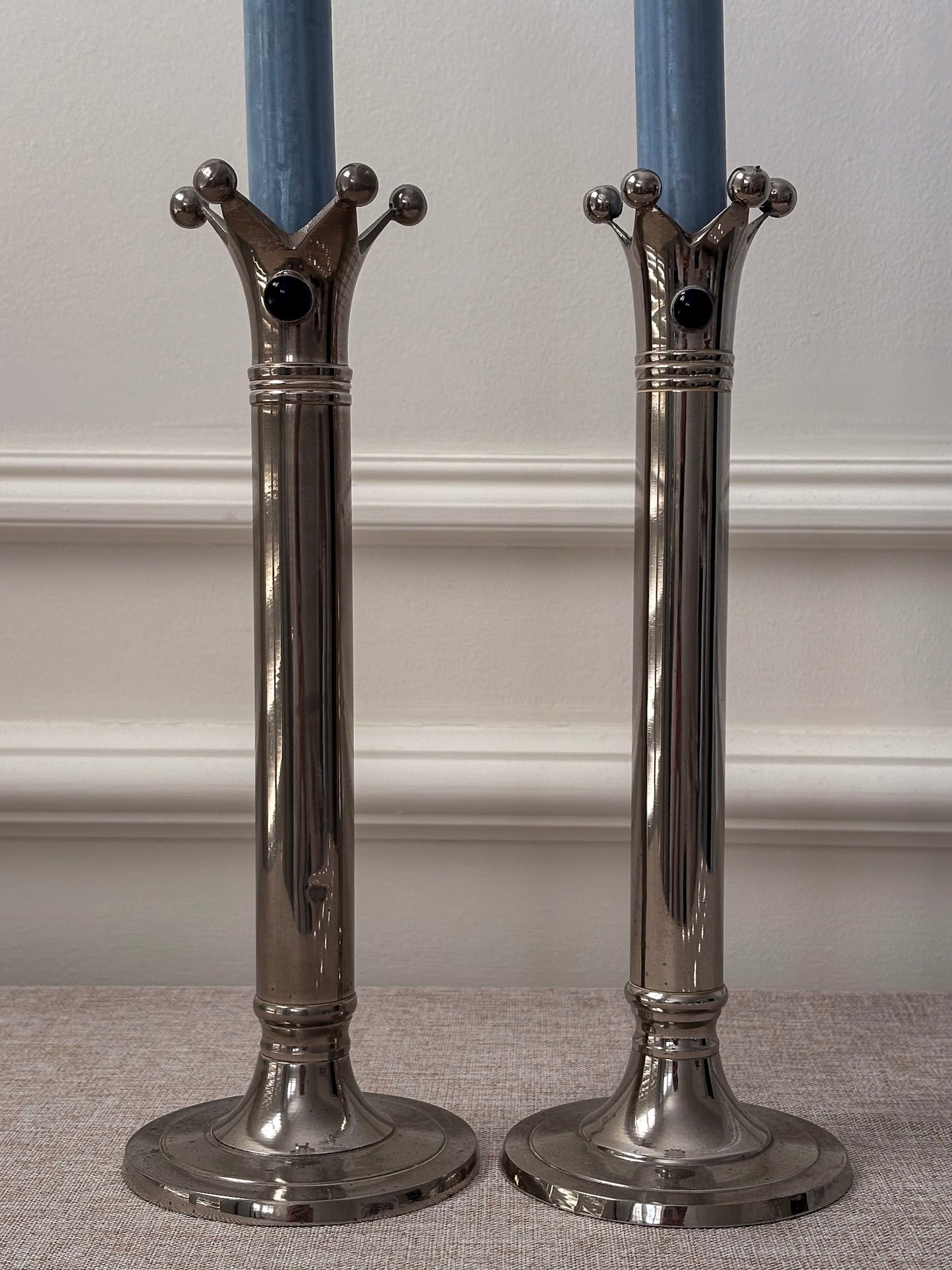 Chrome Jester Crown Candlesticks with Blue Cabochon Detail, Sculptural Taper Candle Holders (Pair)