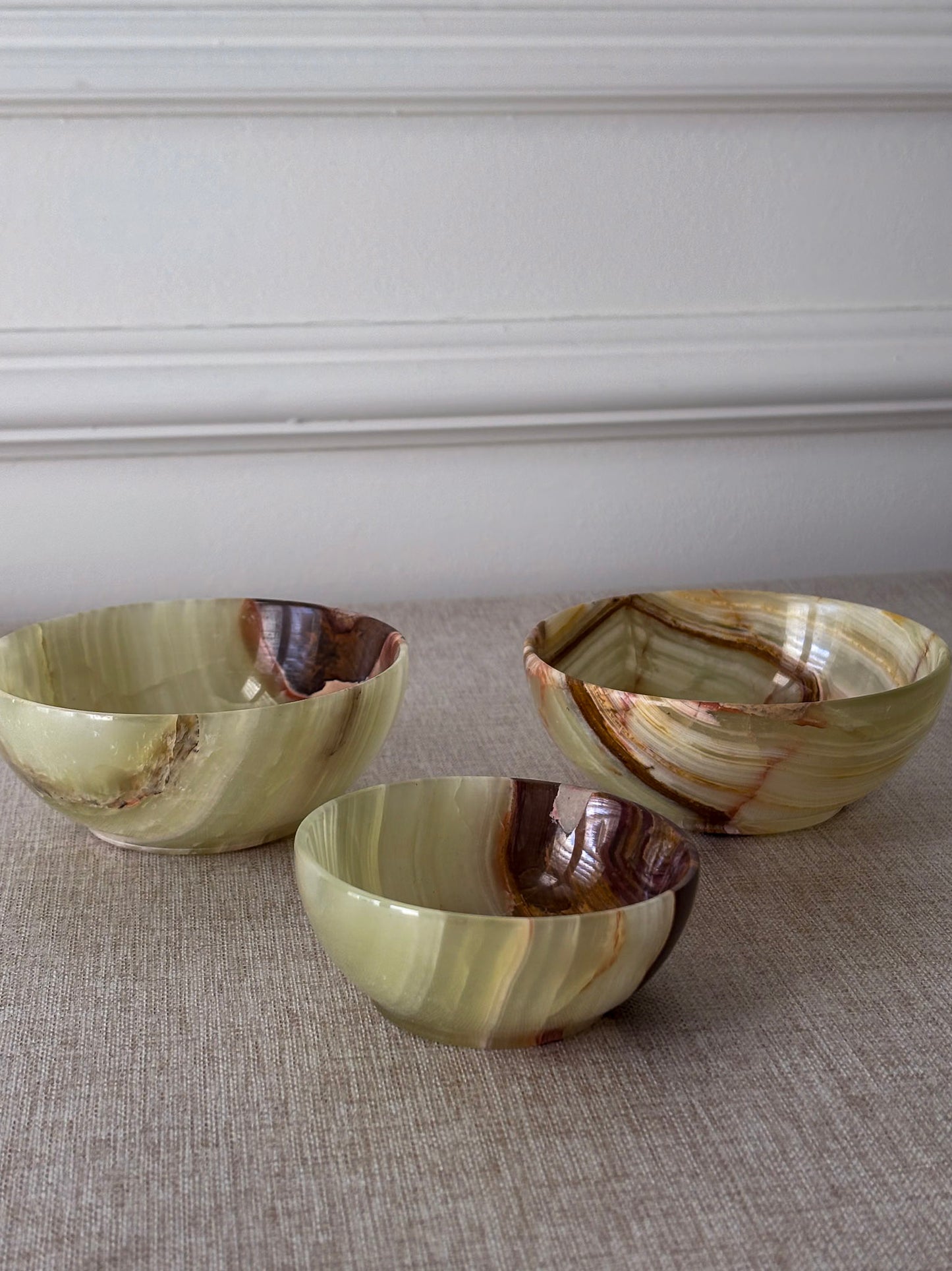 Vintage Banded Onyx Bowl Set | Mid Century Stone Trinket Bowls Set of 3