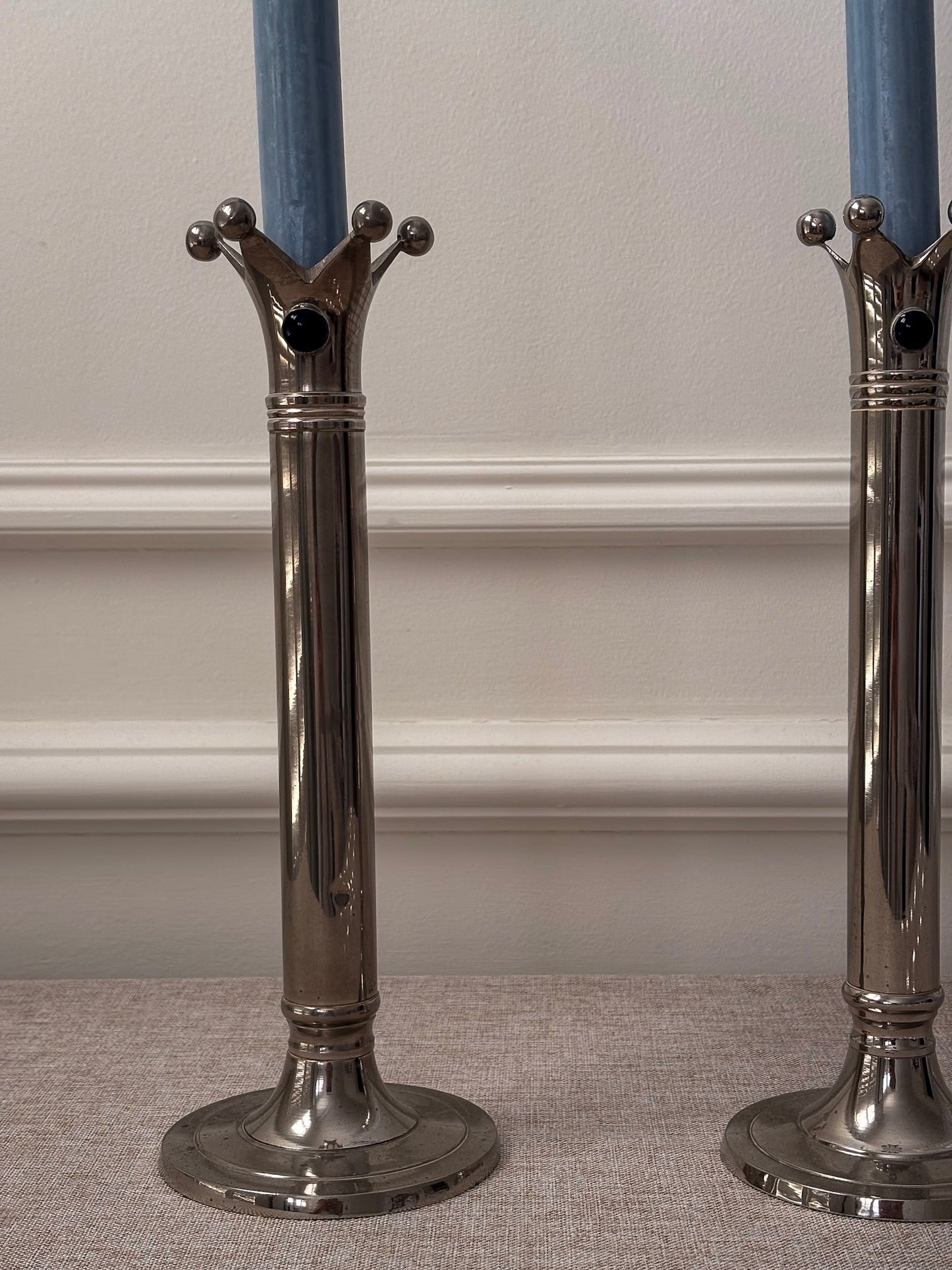 Chrome Jester Crown Candlesticks with Blue Cabochon Detail, Sculptural Taper Candle Holders (Pair)