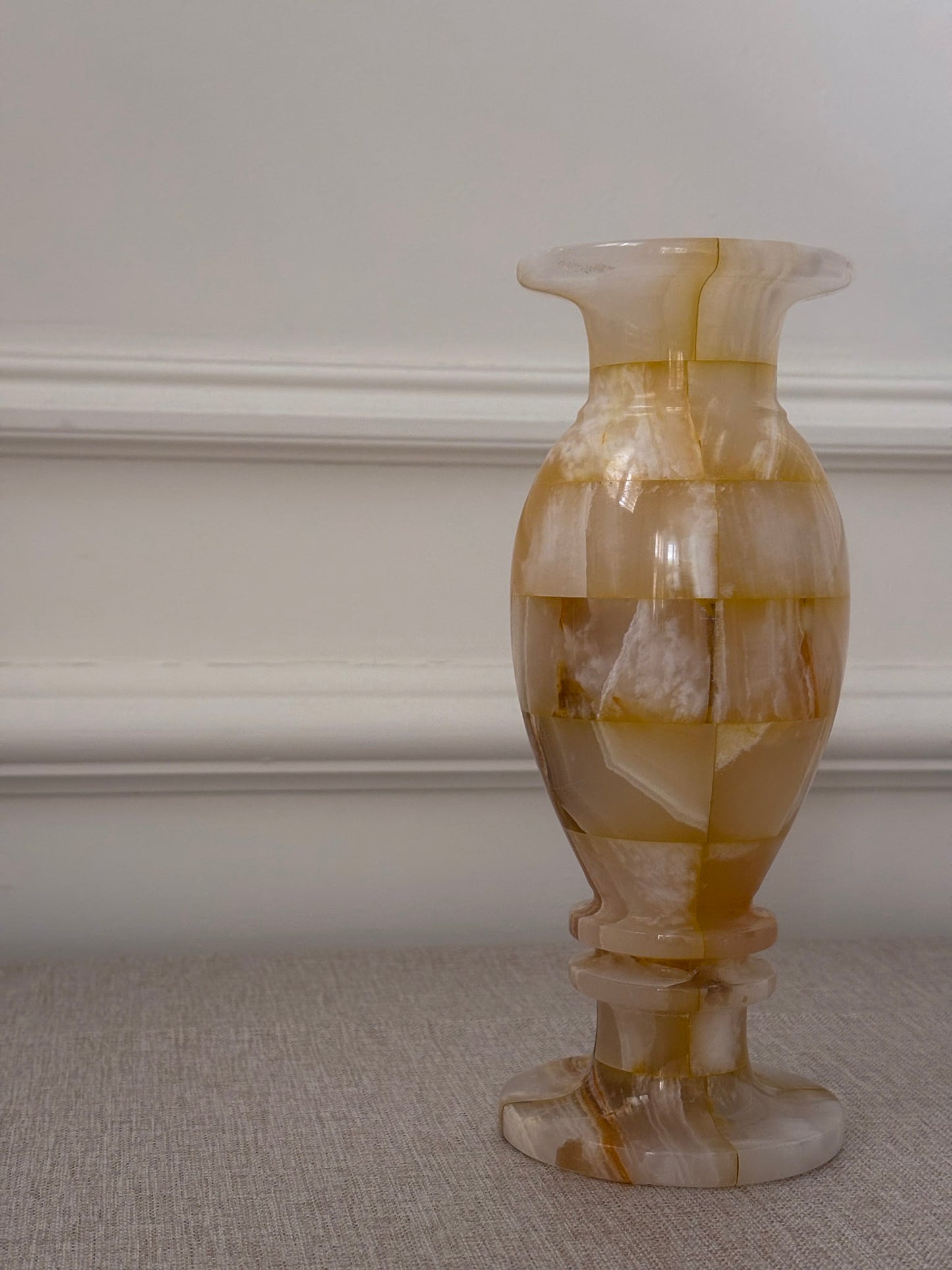 Vintage Butter Yellow Onyx Vase | Sculptural Chequered Stone Vase