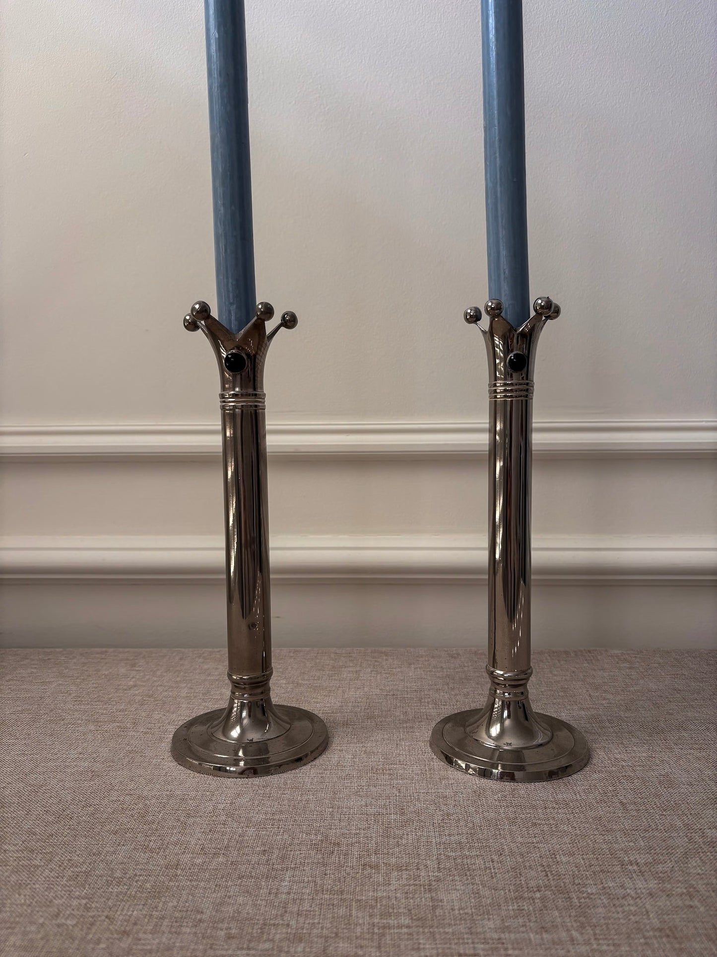 Chrome Jester Crown Candlesticks with Blue Cabochon Detail, Sculptural Taper Candle Holders (Pair)