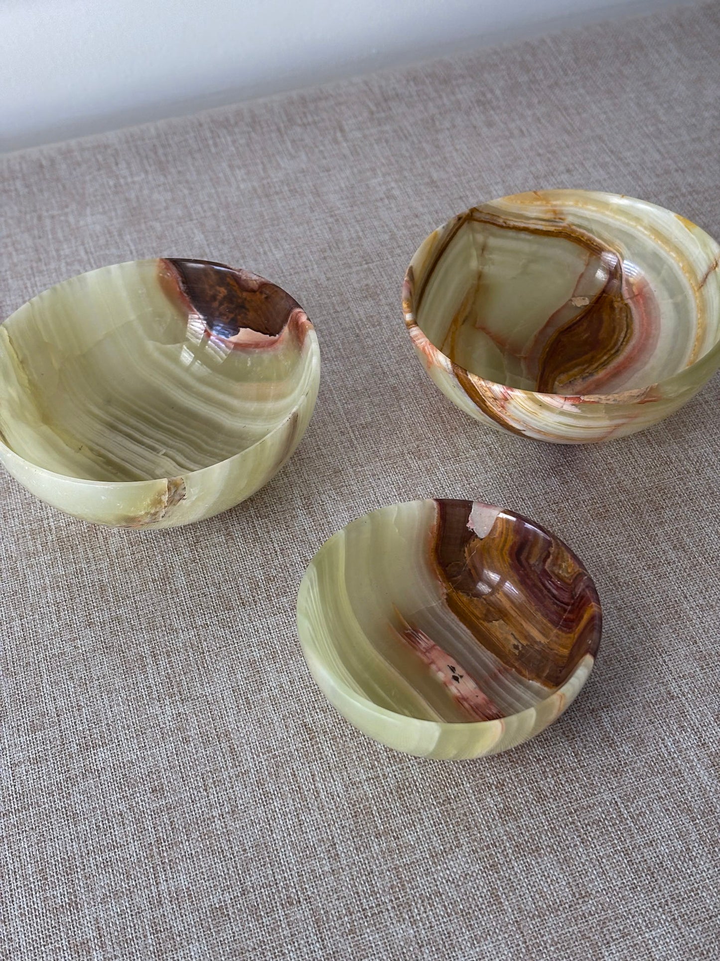 Vintage Banded Onyx Bowl Set | Mid Century Stone Trinket Bowls Set of 3