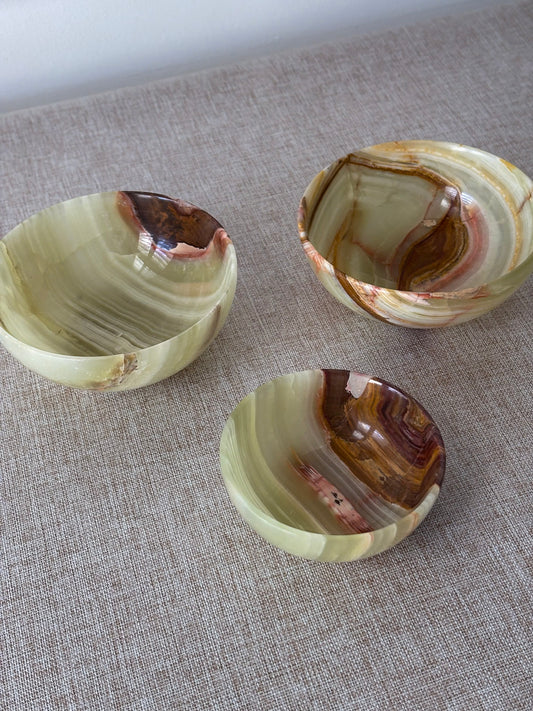 Vintage Banded Onyx Bowl Set | Mid Century Stone Trinket Bowls Set of 3