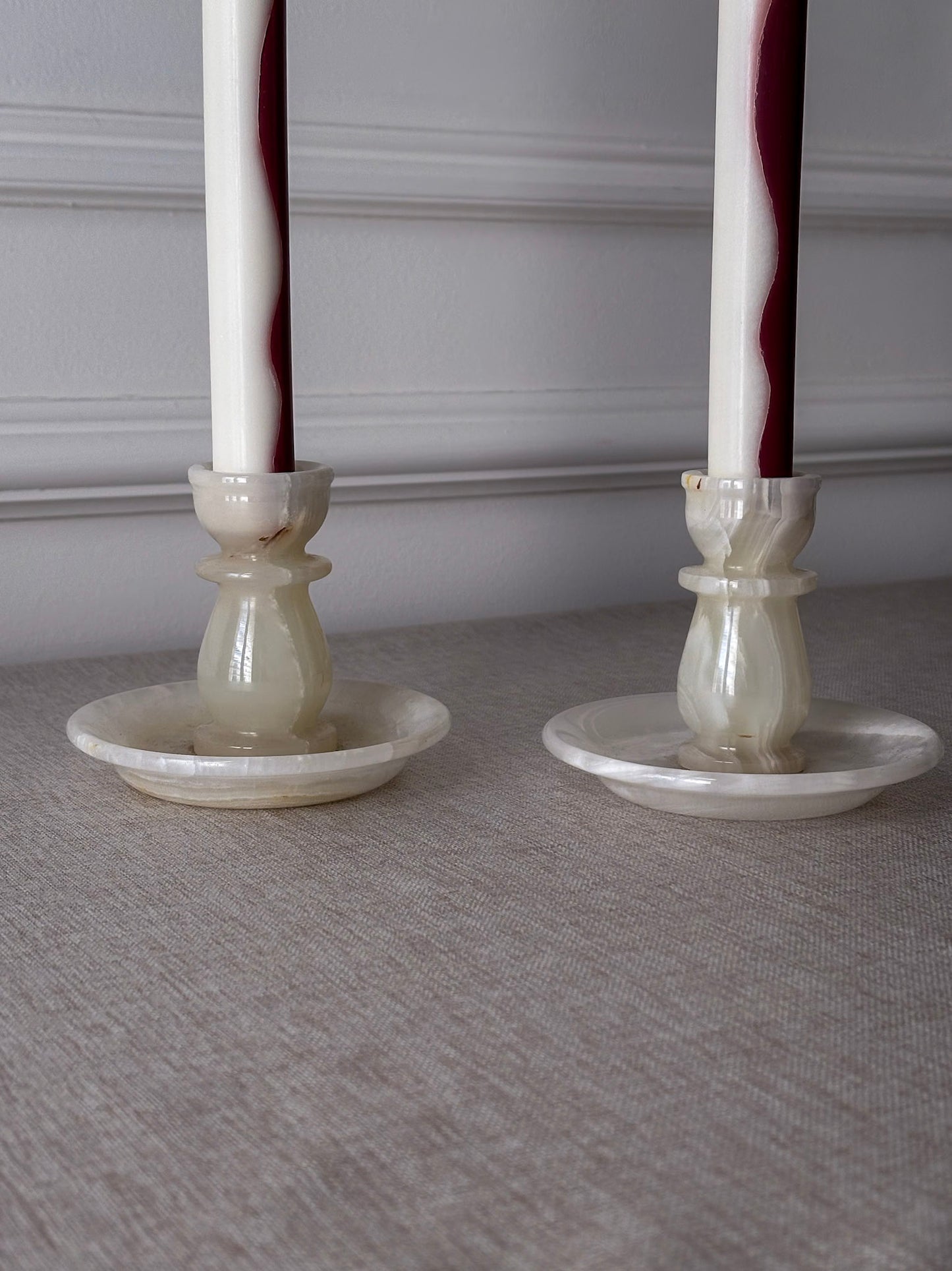 Vintage Cream Onyx Candle Holders Pair | Marble Stone Candlesticks